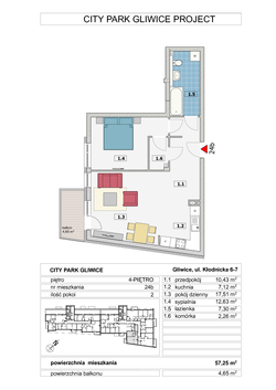 apartament, Gliwice, Śródmieście, ul. Kłodnicka 6-7 2-pokojowy, 57,25 mkw., 4 piętro : 0 