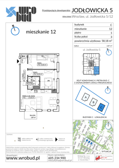 Mieszkanie, 58,18 m², 3 pokoje, 1 piętro, oferta nr C12