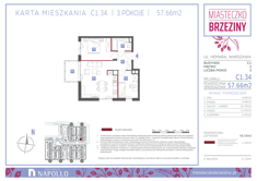 Mieszkanie, 57,66 m², 3 pokoje, 2 piętro, oferta nr C1.34