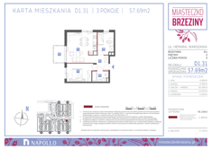 Mieszkanie, 57,69 m², 3 pokoje, 2 piętro, oferta nr D1.31