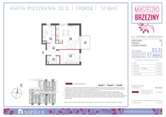 Mieszkanie, 57,66 m², 3 pokoje, 2 piętro, oferta nr D2.31