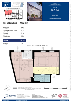 Mieszkanie, 56,35 m², 2 pokoje, 3 piętro, oferta nr B1/M/3/14