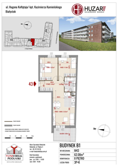 Mieszkanie, 62,08 m², 3 pokoje, 2 piętro, oferta nr B1/43