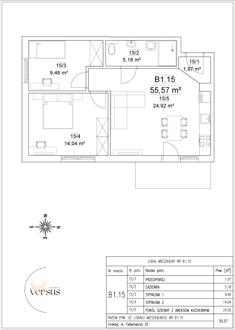 Mieszkanie, 55,57 m², 3 pokoje, 1 piętro, oferta nr B1/M.15