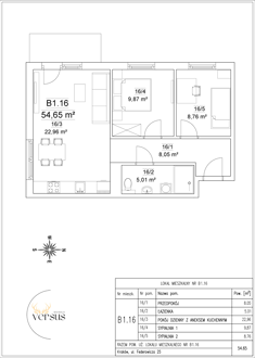 Mieszkanie, 54,65 m², 3 pokoje, 1 piętro, oferta nr B1/M.16