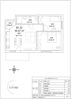 Mieszkanie, 55,47 m², 3 pokoje, 1 piętro, oferta nr B1/M.22