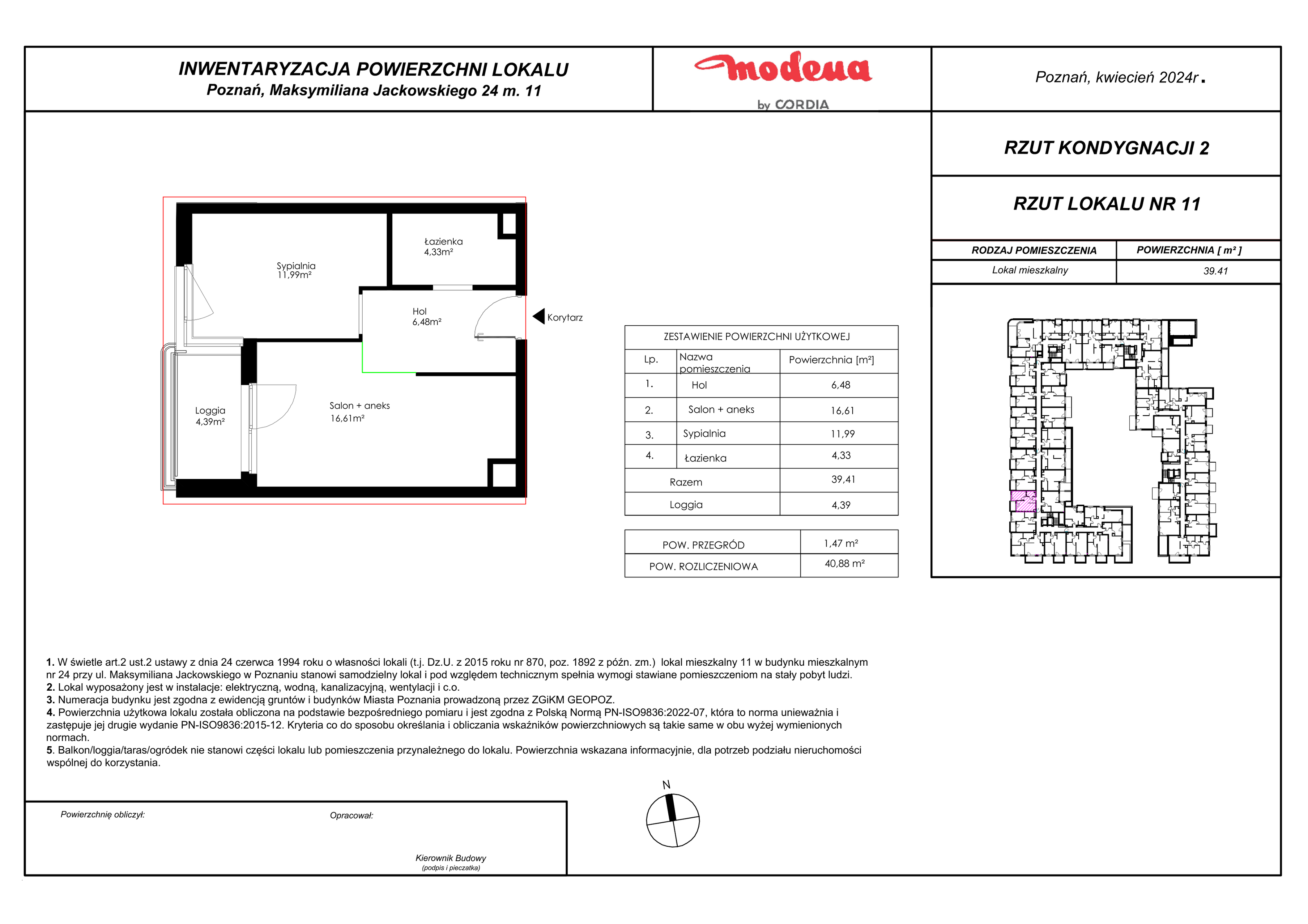 Mieszkanie 40,88 m², piętro 1, oferta nr 11, Modena, Poznań, Jeżyce, Jeżyce, ul. Jackowskiego 24-idx