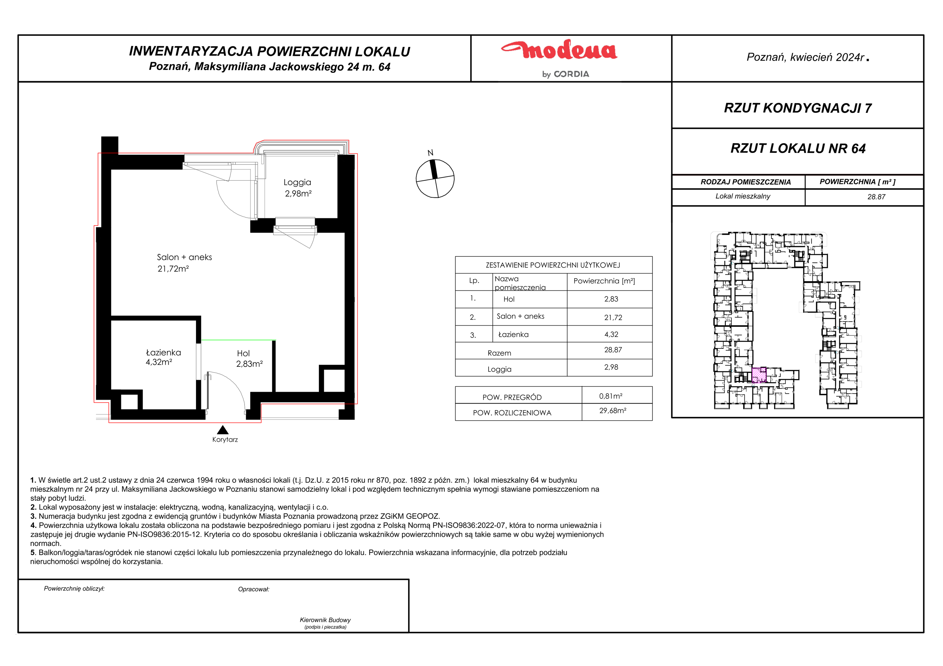 Mieszkanie 29,68 m², piętro 6, oferta nr 64, Modena, Poznań, Jeżyce, Jeżyce, ul. Jackowskiego 24-idx