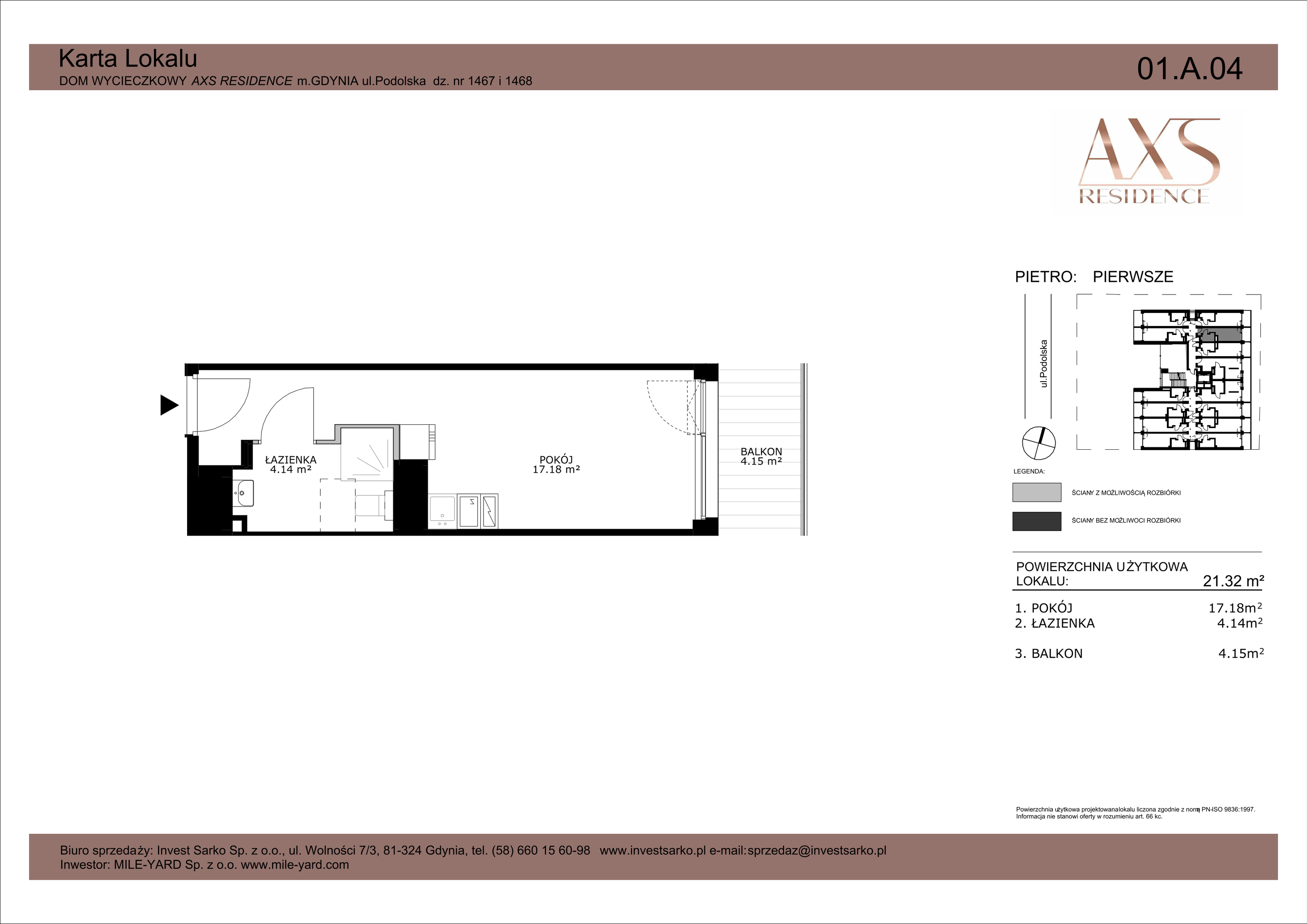 Apartament inwestycyjny 21,32 m², piętro 1, oferta nr 01 A 04, AXS Residence, Gdynia, Działki Leśne, Działki Leśne, ul. Podolska-idx