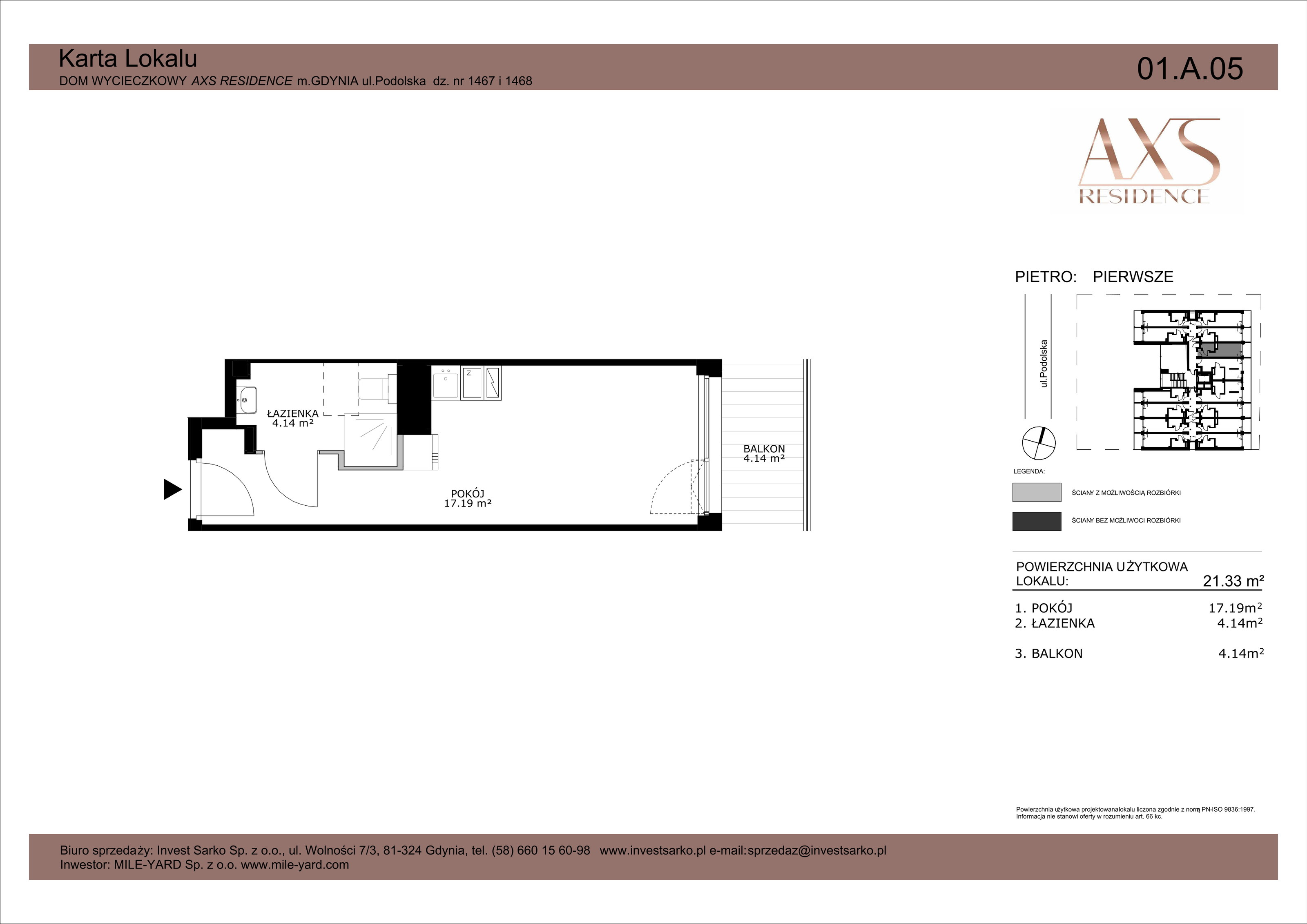 Apartament inwestycyjny 21,33 m², piętro 1, oferta nr 01 A 05, AXS Residence, Gdynia, Działki Leśne, Działki Leśne, ul. Podolska-idx