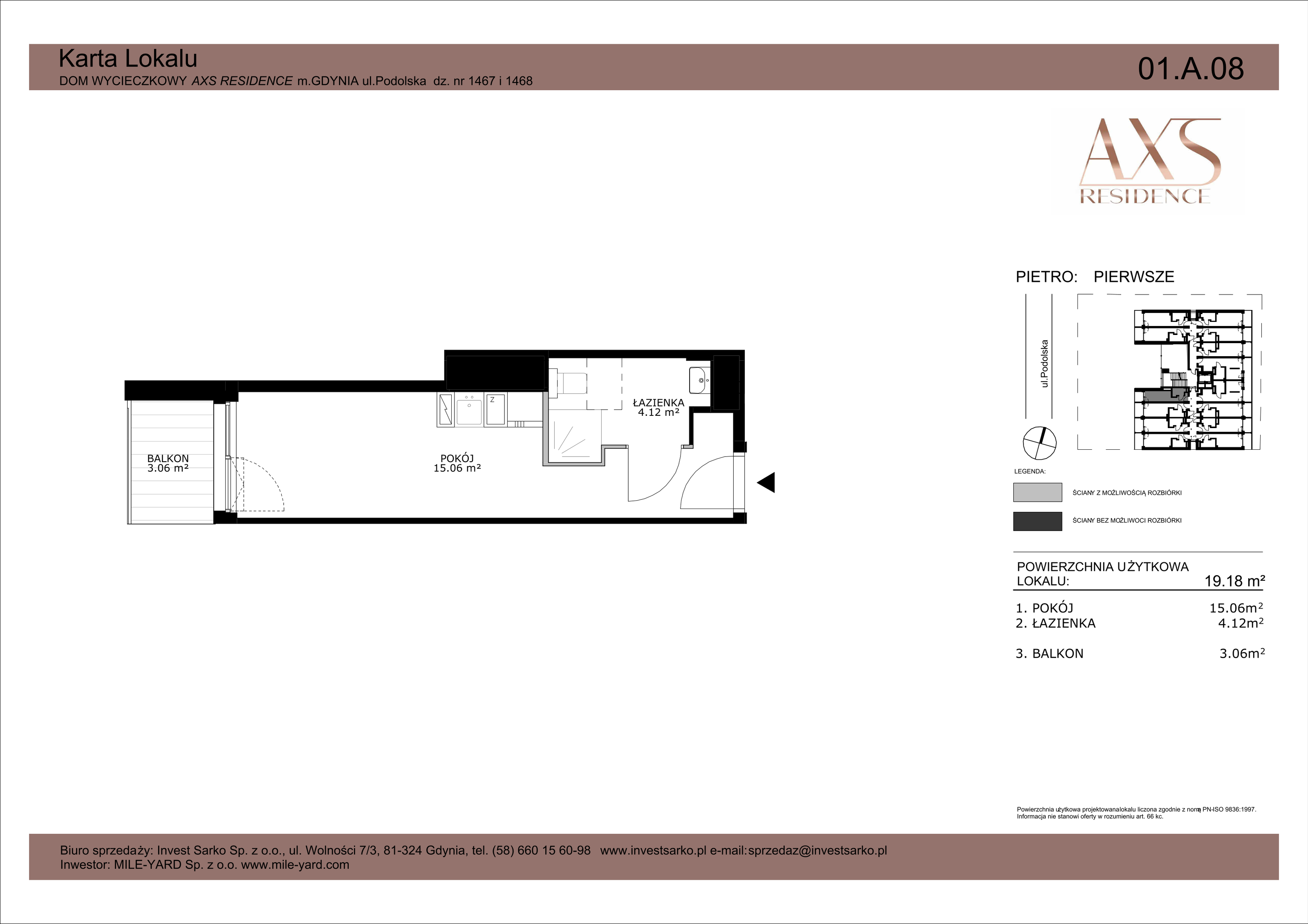 Apartament inwestycyjny 19,18 m², piętro 1, oferta nr 01 A 08, AXS Residence, Gdynia, Działki Leśne, Działki Leśne, ul. Podolska-idx