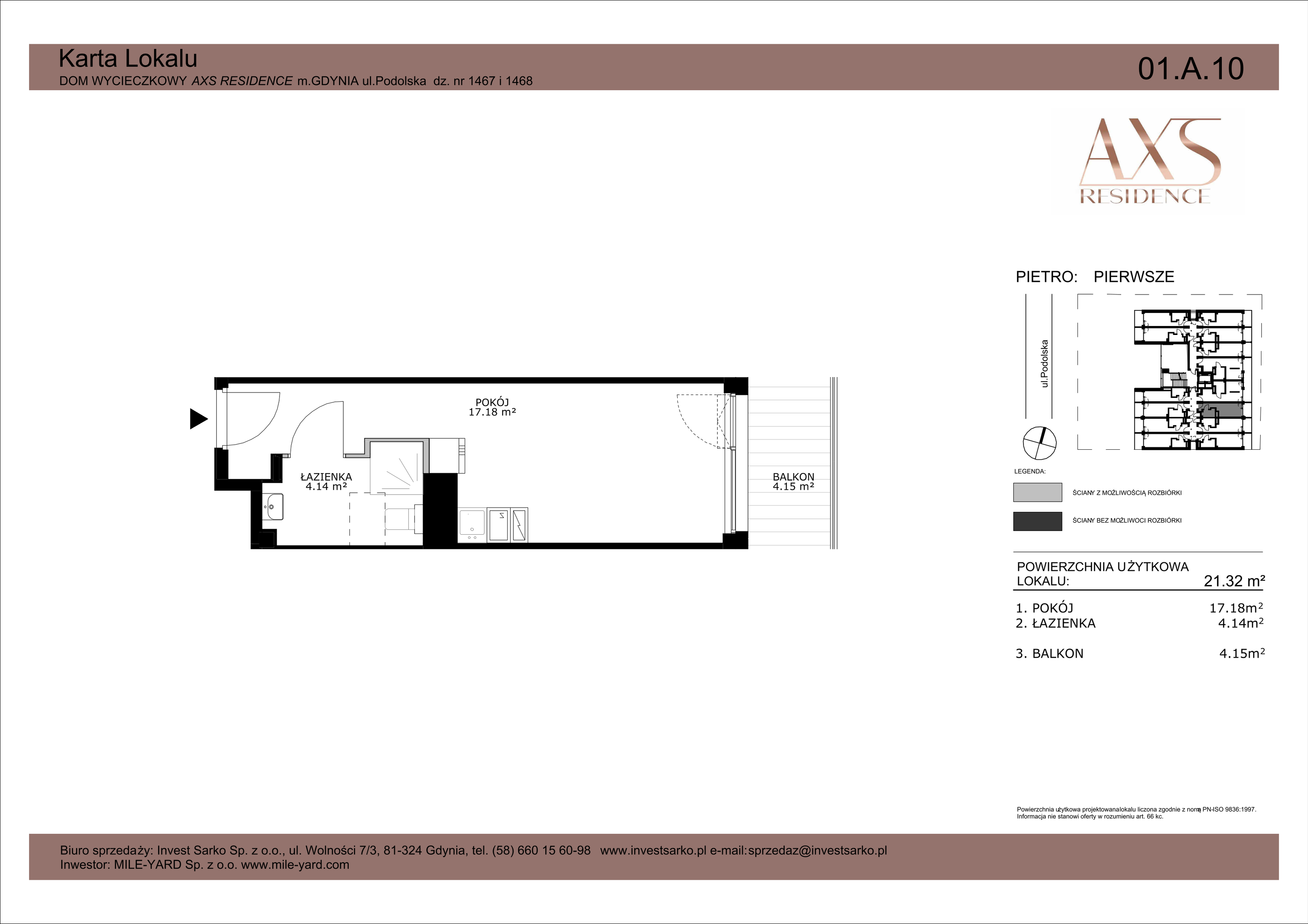 Apartament inwestycyjny 21,32 m², piętro 1, oferta nr 01 A 10, AXS Residence, Gdynia, Działki Leśne, Działki Leśne, ul. Podolska-idx