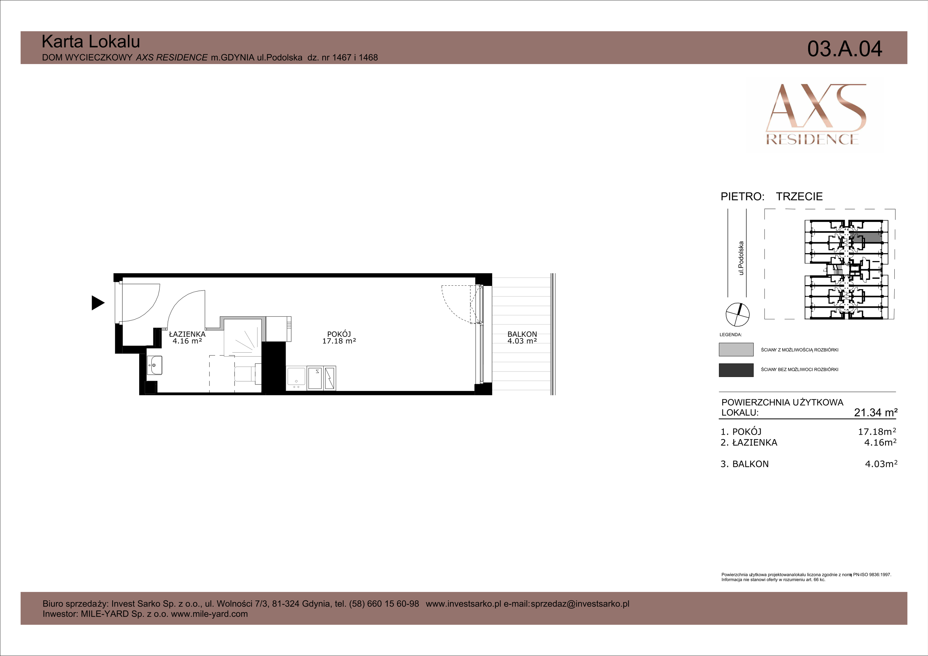 Apartament inwestycyjny 21,34 m², piętro 3, oferta nr 03 A 04, AXS Residence, Gdynia, Działki Leśne, Działki Leśne, ul. Podolska-idx