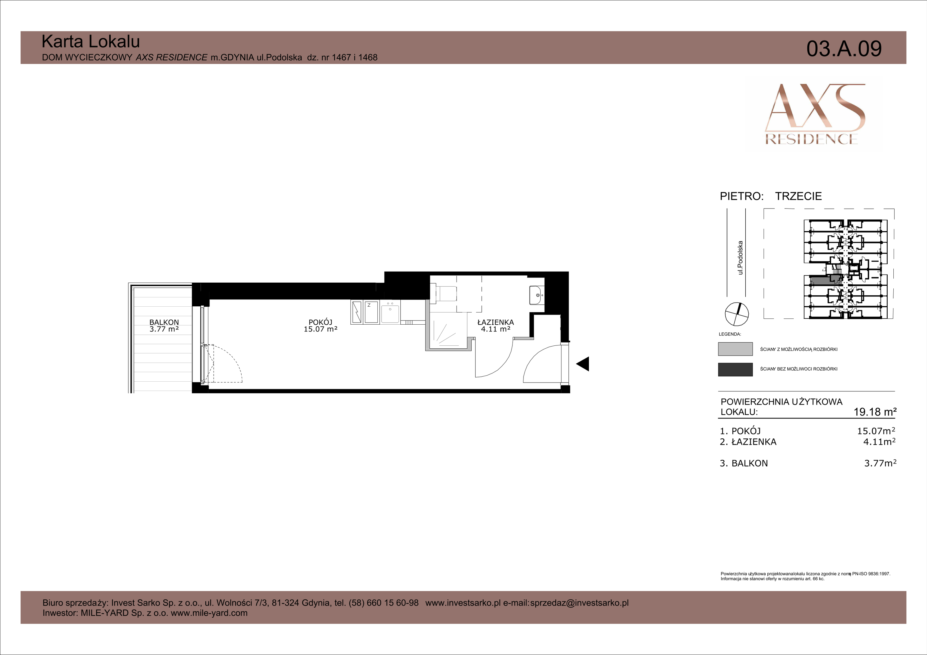 Apartament inwestycyjny 19,18 m², piętro 3, oferta nr 03 A 09, AXS Residence, Gdynia, Działki Leśne, Działki Leśne, ul. Podolska-idx