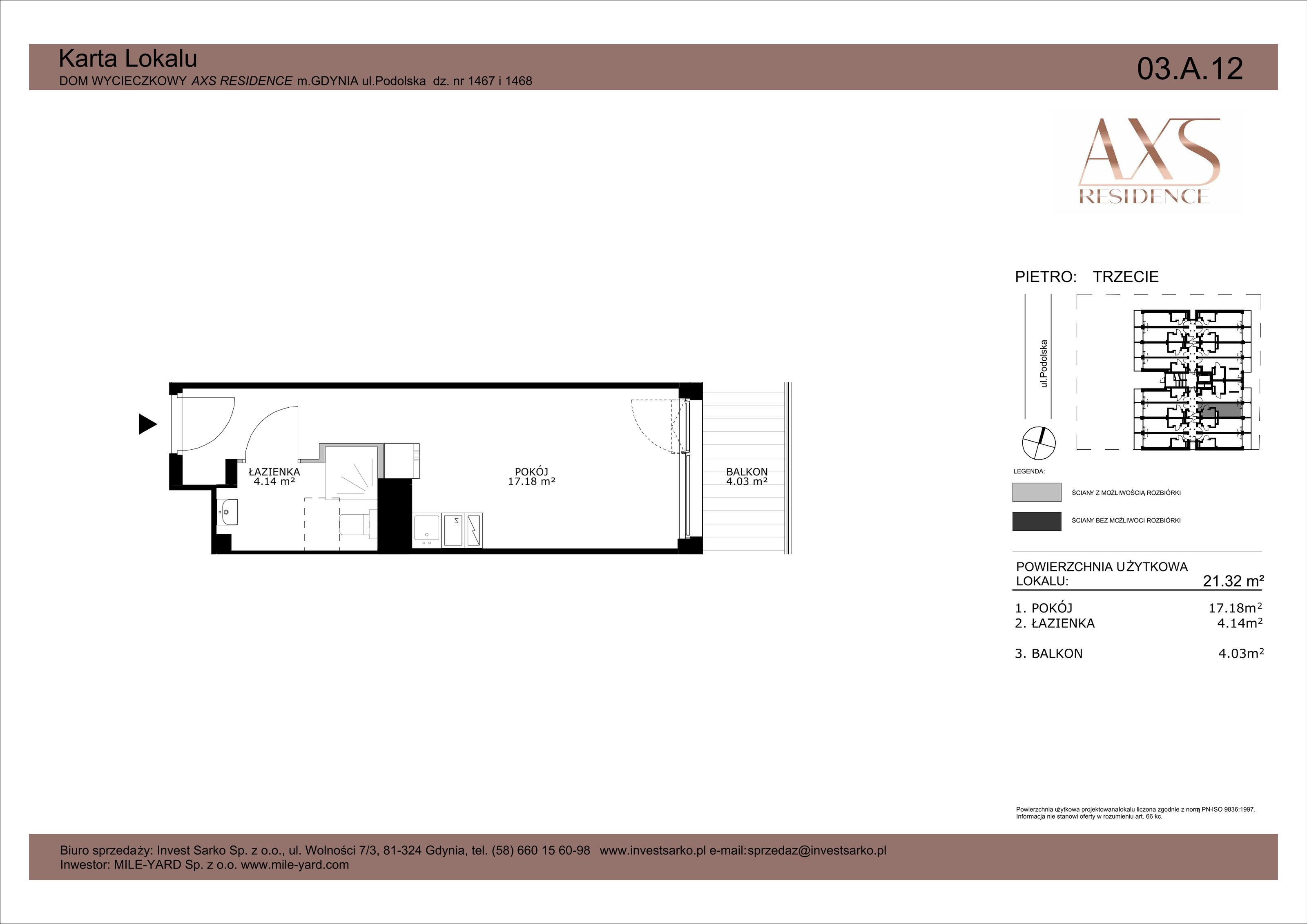 Apartament inwestycyjny 21,32 m², piętro 3, oferta nr 03 A 12, AXS Residence, Gdynia, Działki Leśne, Działki Leśne, ul. Podolska-idx