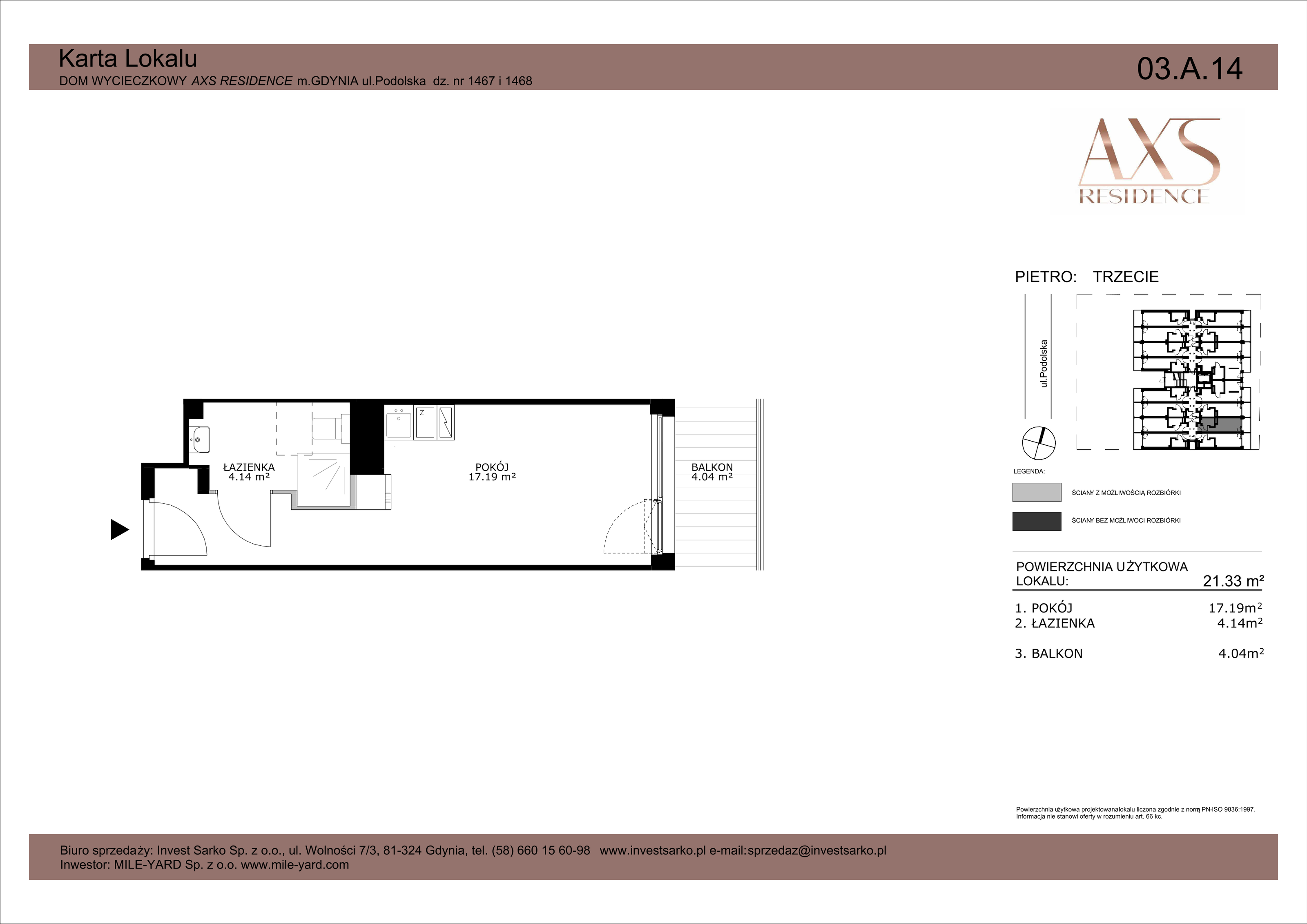 Apartament inwestycyjny 21,33 m², piętro 3, oferta nr 03 A 14, AXS Residence, Gdynia, Działki Leśne, Działki Leśne, ul. Podolska-idx