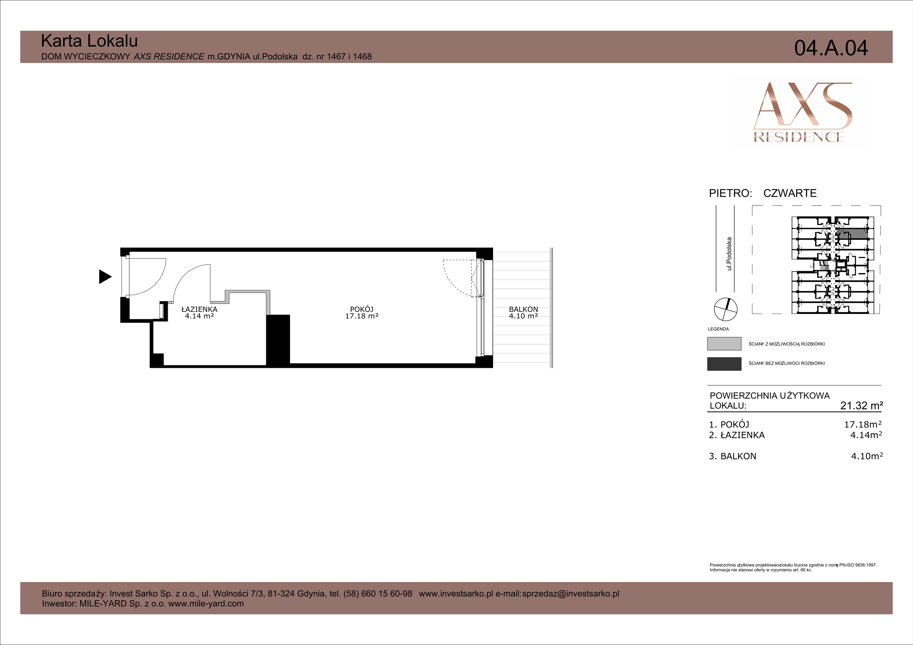 Apartament inwestycyjny 21,32 m², piętro 4, oferta nr 04 A 04, AXS Residence, Gdynia, Działki Leśne, Działki Leśne, ul. Podolska-idx