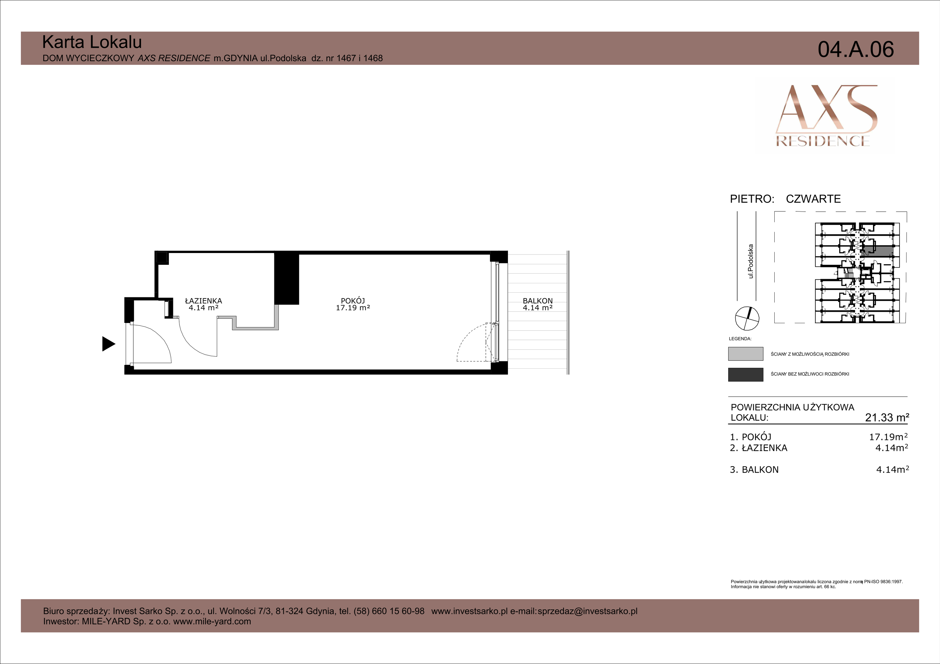 Apartament inwestycyjny 21,33 m², piętro 4, oferta nr 04 A 06, AXS Residence, Gdynia, Działki Leśne, Działki Leśne, ul. Podolska-idx