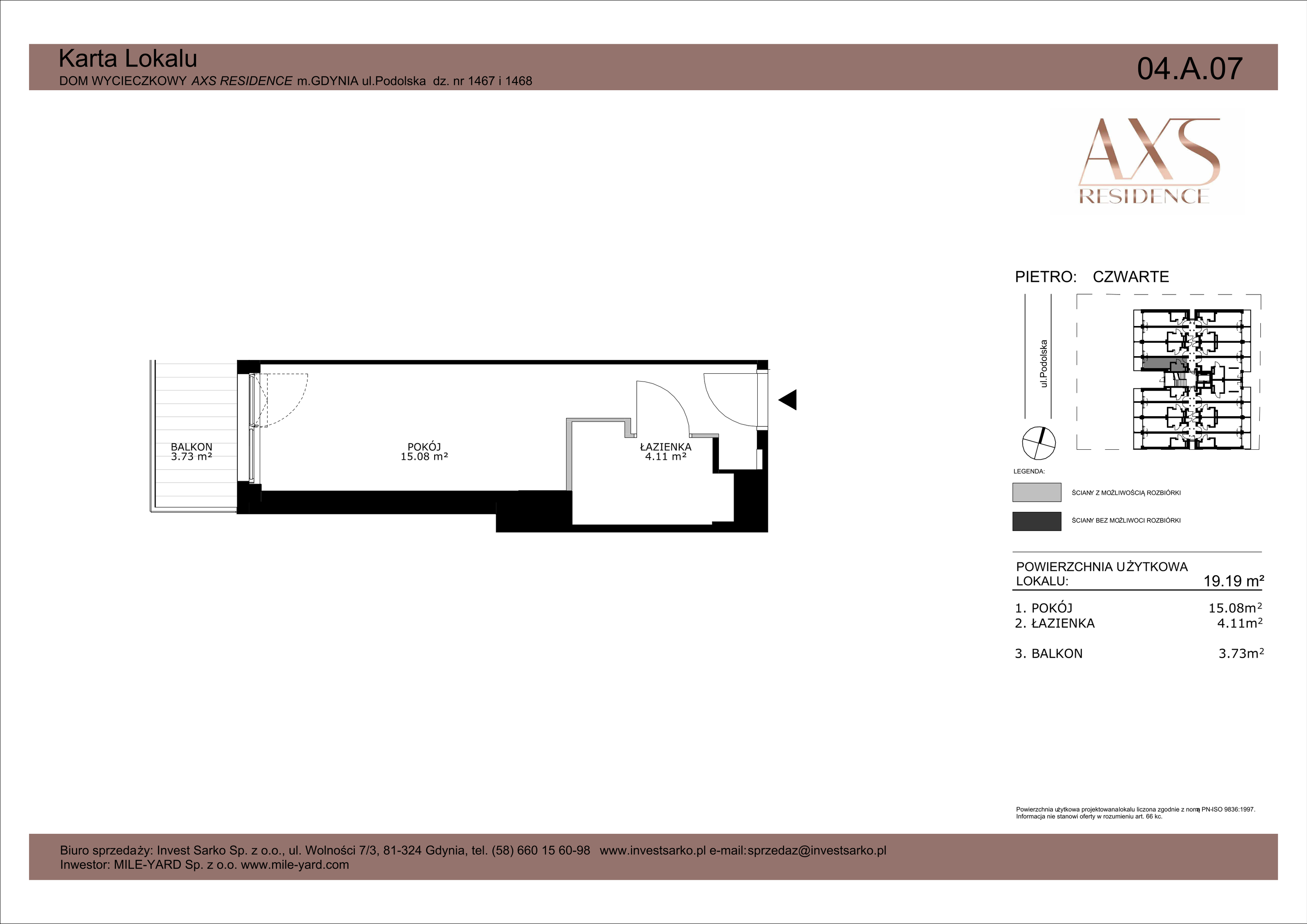 Apartament inwestycyjny 19,19 m², piętro 4, oferta nr 04 A 07, AXS Residence, Gdynia, Działki Leśne, Działki Leśne, ul. Podolska-idx