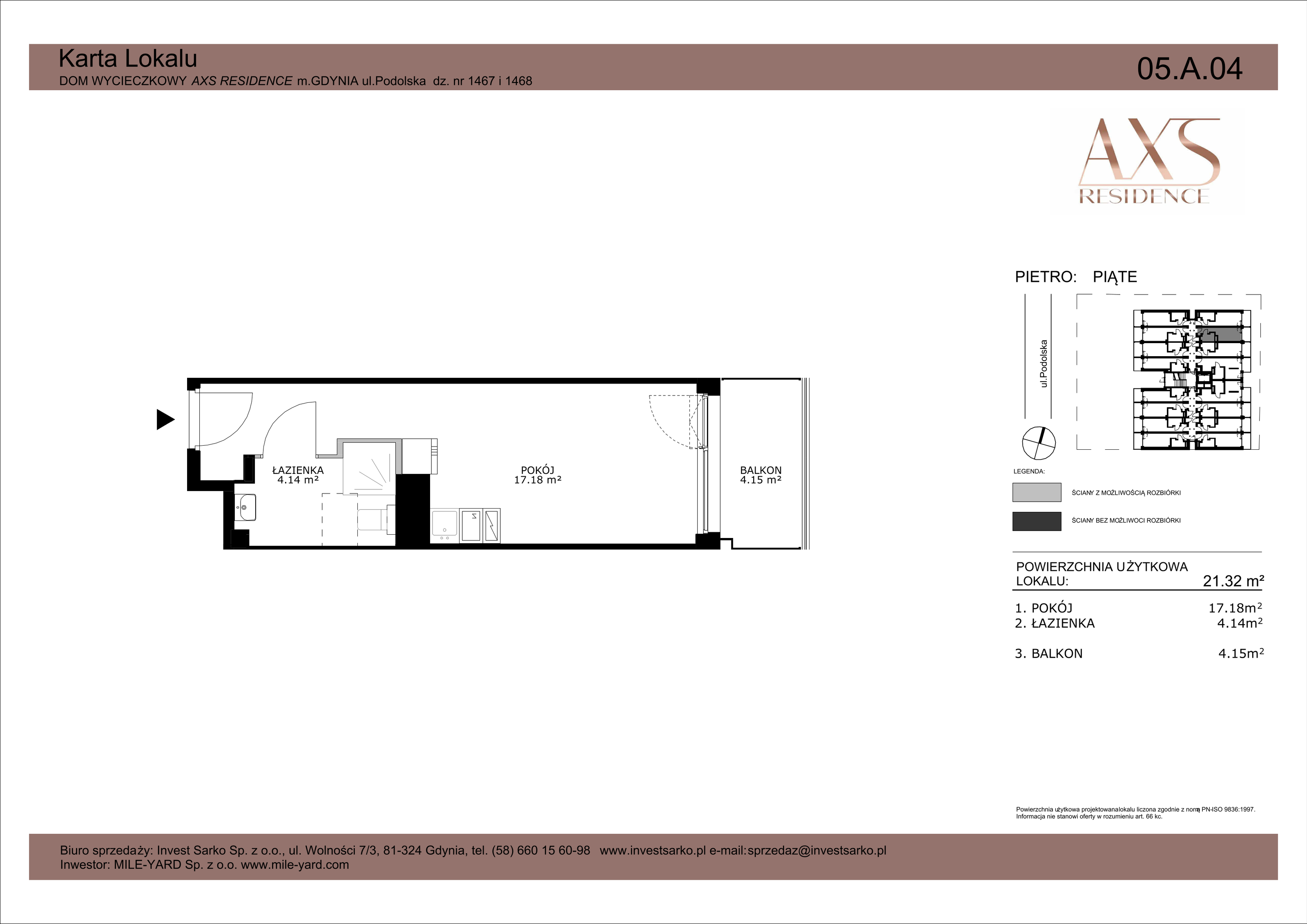 Apartament inwestycyjny 21,32 m², piętro 5, oferta nr 05 A 04, AXS Residence, Gdynia, Działki Leśne, Działki Leśne, ul. Podolska-idx