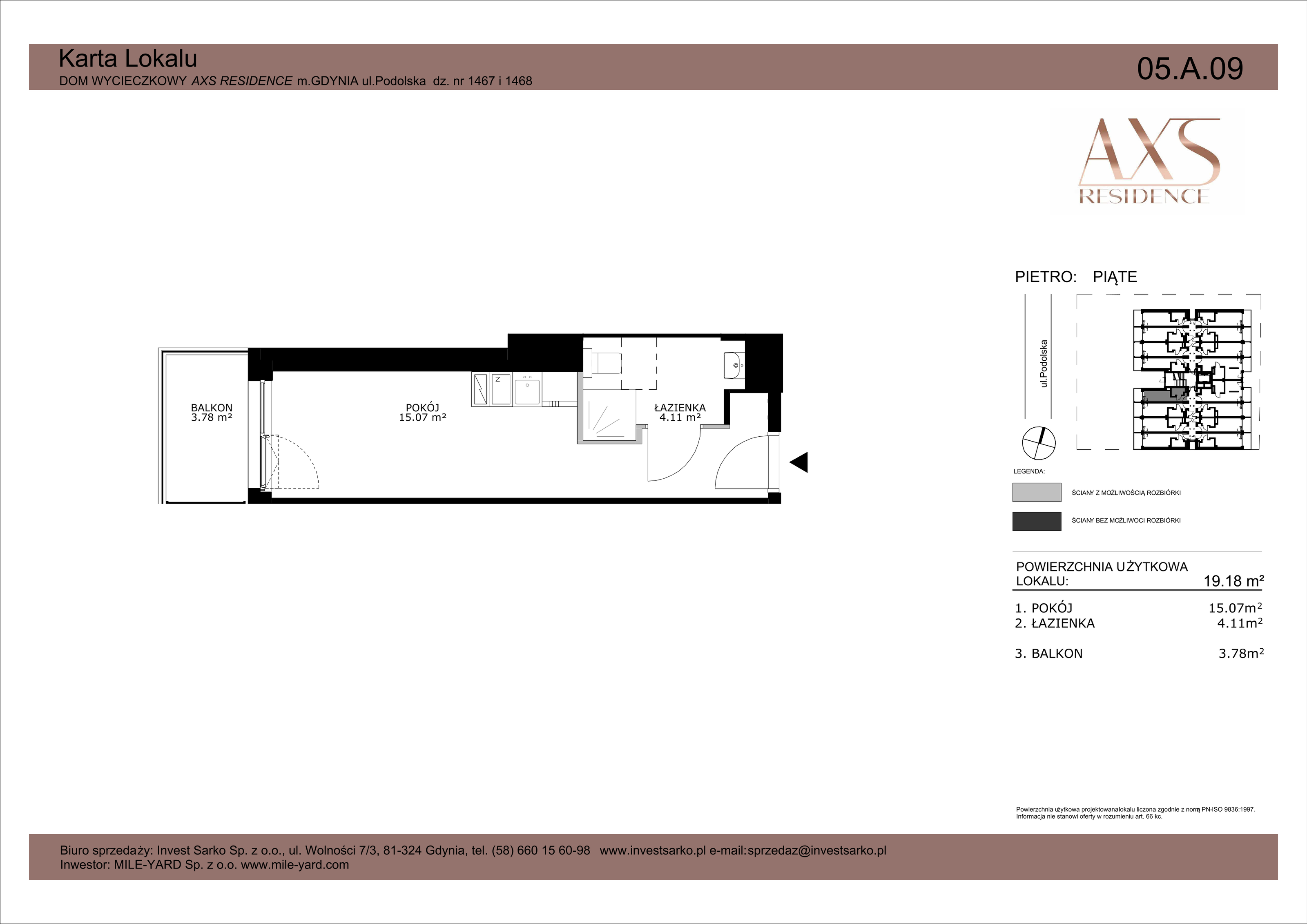 Apartament inwestycyjny 19,18 m², piętro 5, oferta nr 05 A 09, AXS Residence, Gdynia, Działki Leśne, Działki Leśne, ul. Podolska-idx