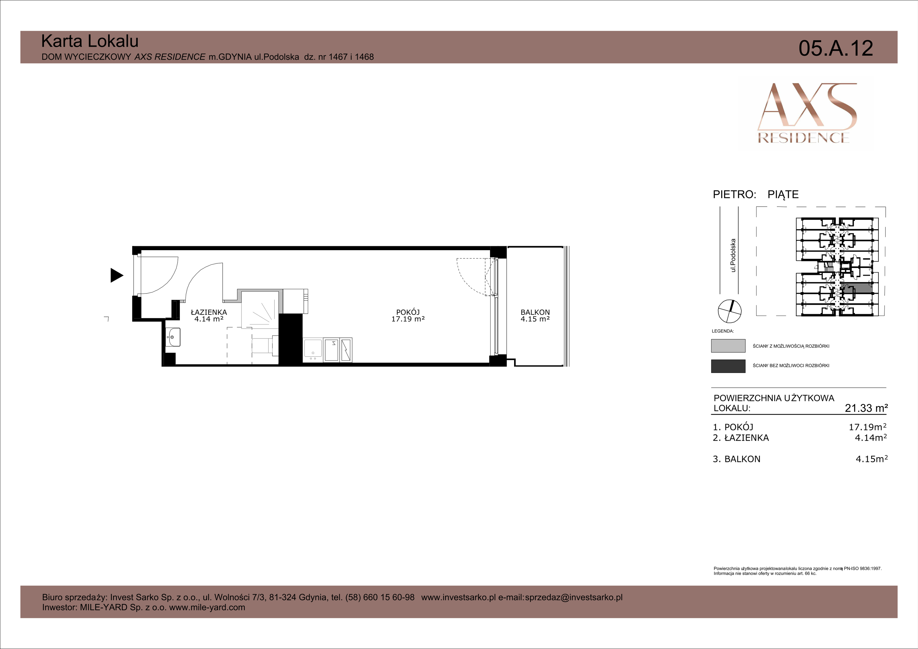 Apartament inwestycyjny 21,33 m², piętro 5, oferta nr 05 A 12, AXS Residence, Gdynia, Działki Leśne, Działki Leśne, ul. Podolska-idx