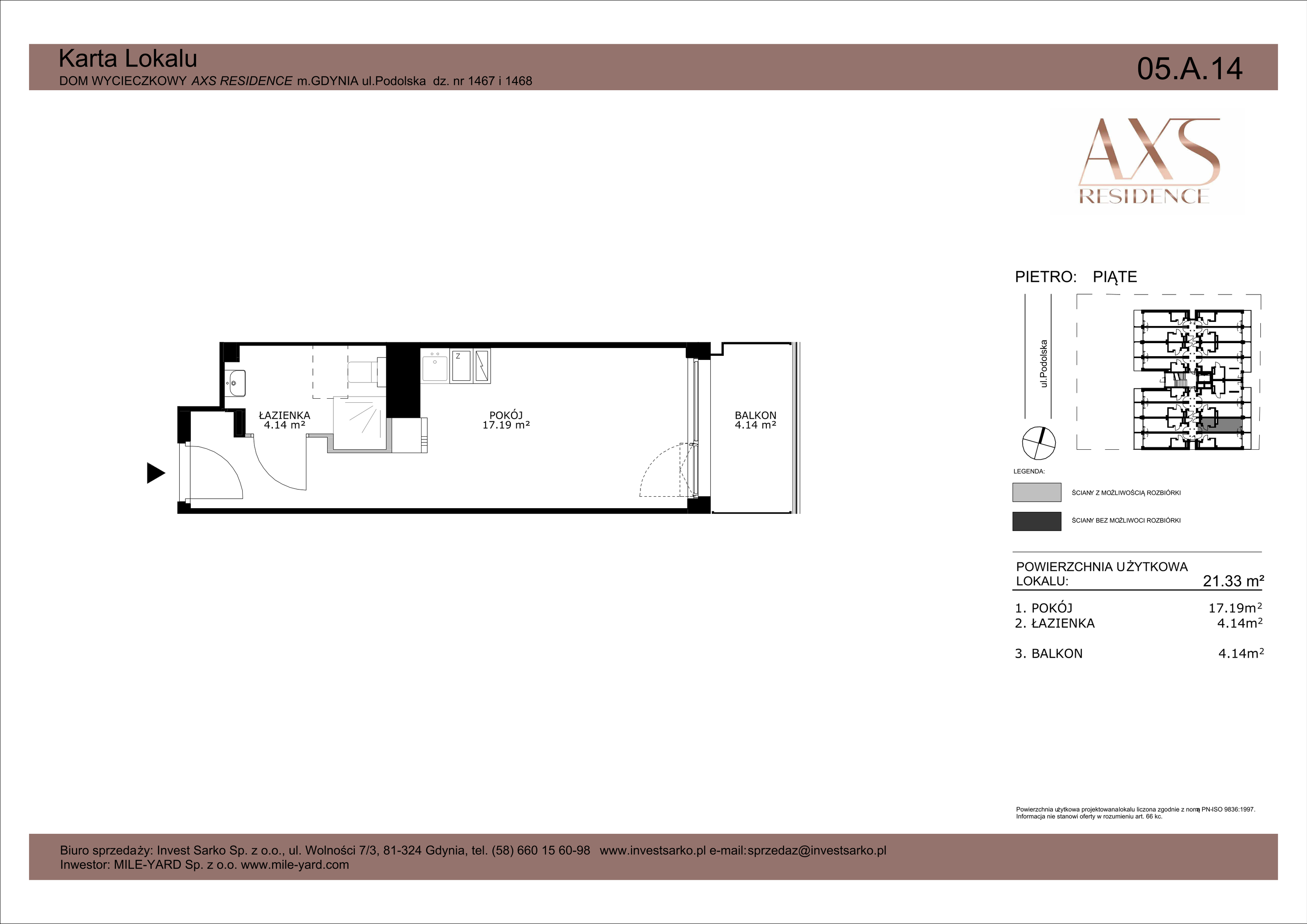 Apartament inwestycyjny 21,33 m², piętro 5, oferta nr 05 A 14, AXS Residence, Gdynia, Działki Leśne, Działki Leśne, ul. Podolska-idx