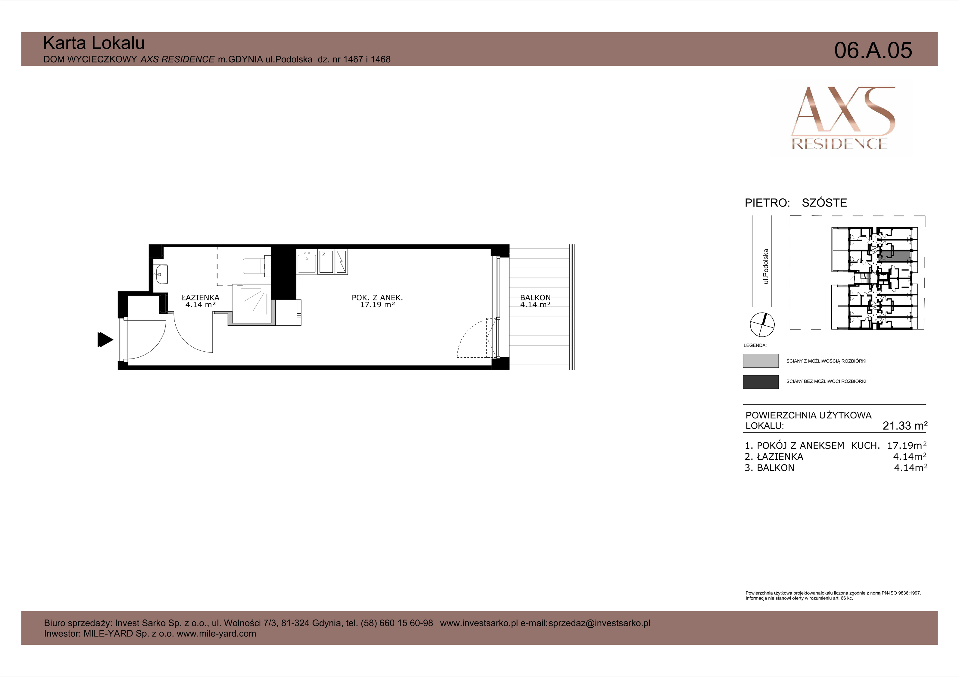 Apartament inwestycyjny 21,33 m², piętro 6, oferta nr 06 A 05, AXS Residence, Gdynia, Działki Leśne, Działki Leśne, ul. Podolska-idx