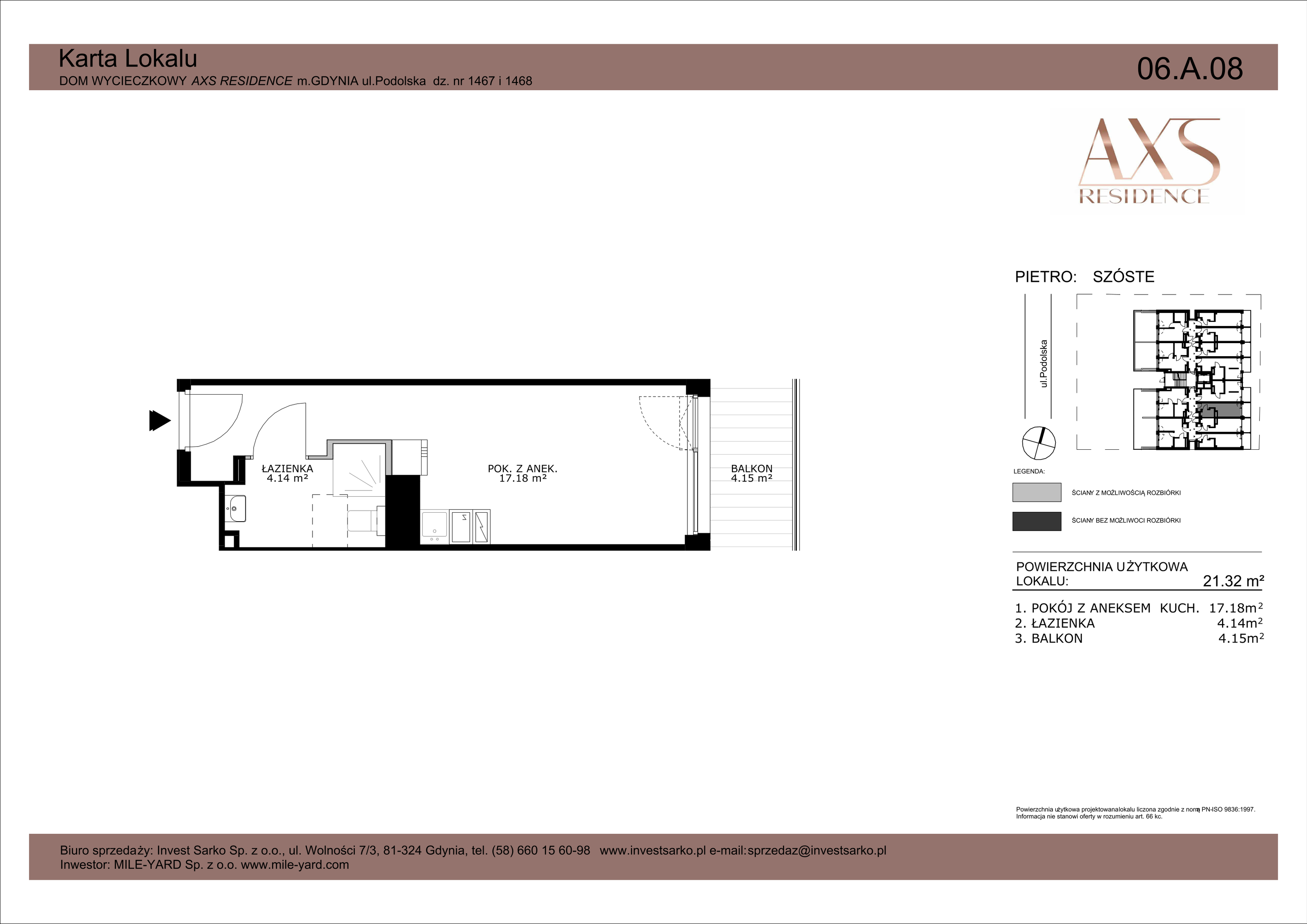 Apartament inwestycyjny 21,32 m², piętro 6, oferta nr 06 A 08, AXS Residence, Gdynia, Działki Leśne, Działki Leśne, ul. Podolska-idx