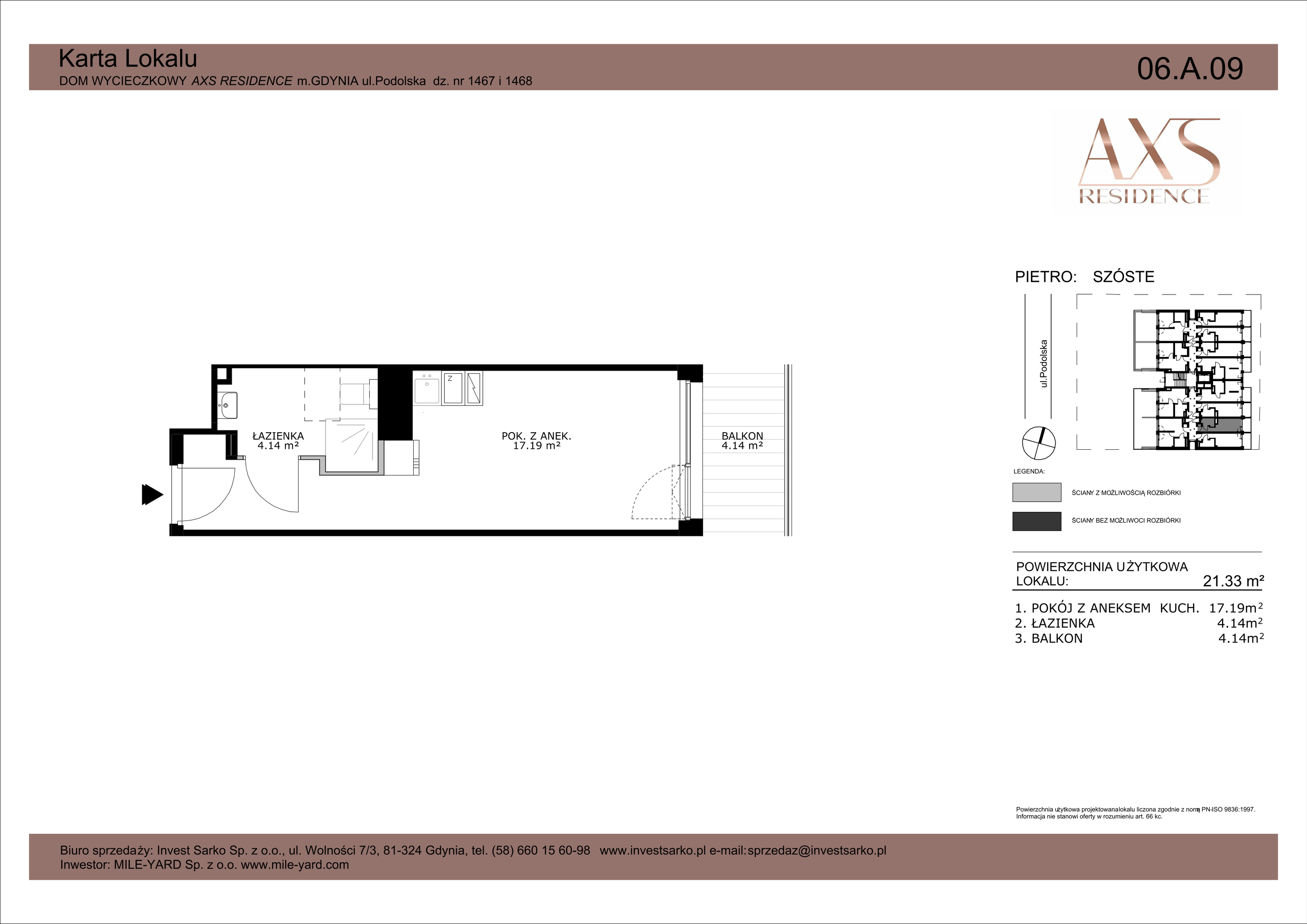 Apartament inwestycyjny 21,33 m², piętro 6, oferta nr 06 A 09, AXS Residence, Gdynia, Działki Leśne, Działki Leśne, ul. Podolska-idx