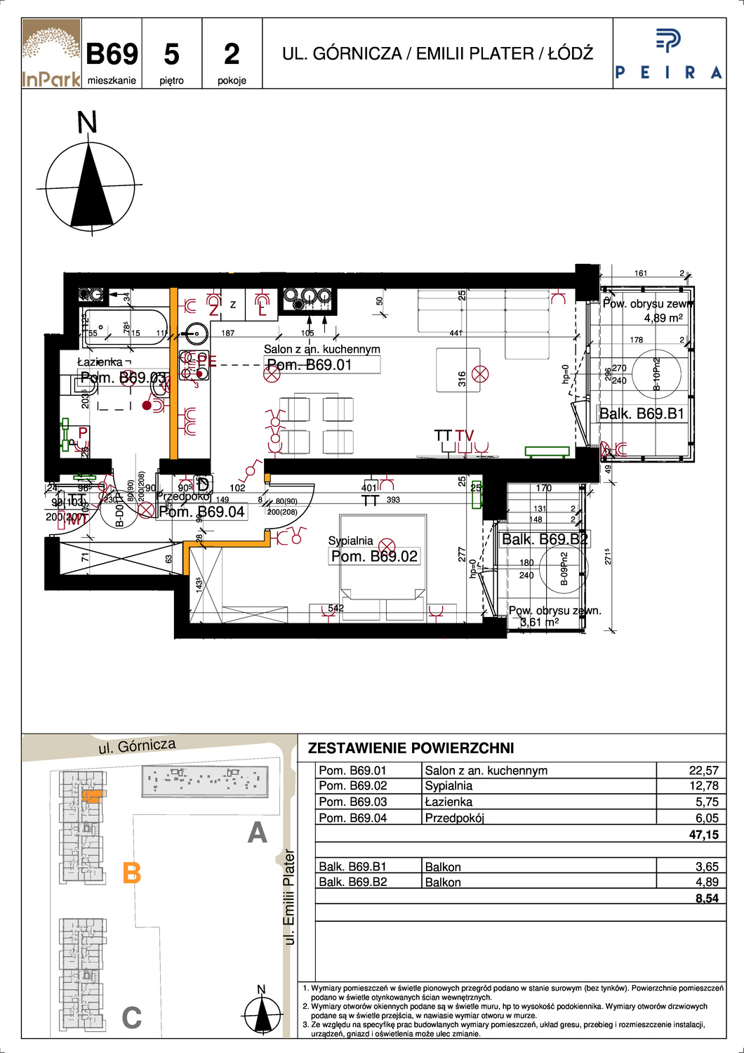 Mieszkanie 47,15 m², piętro 5, oferta nr 109, InPark, Łódź, Bałuty, ul. Emilii Plater / ul. Górnicza-idx