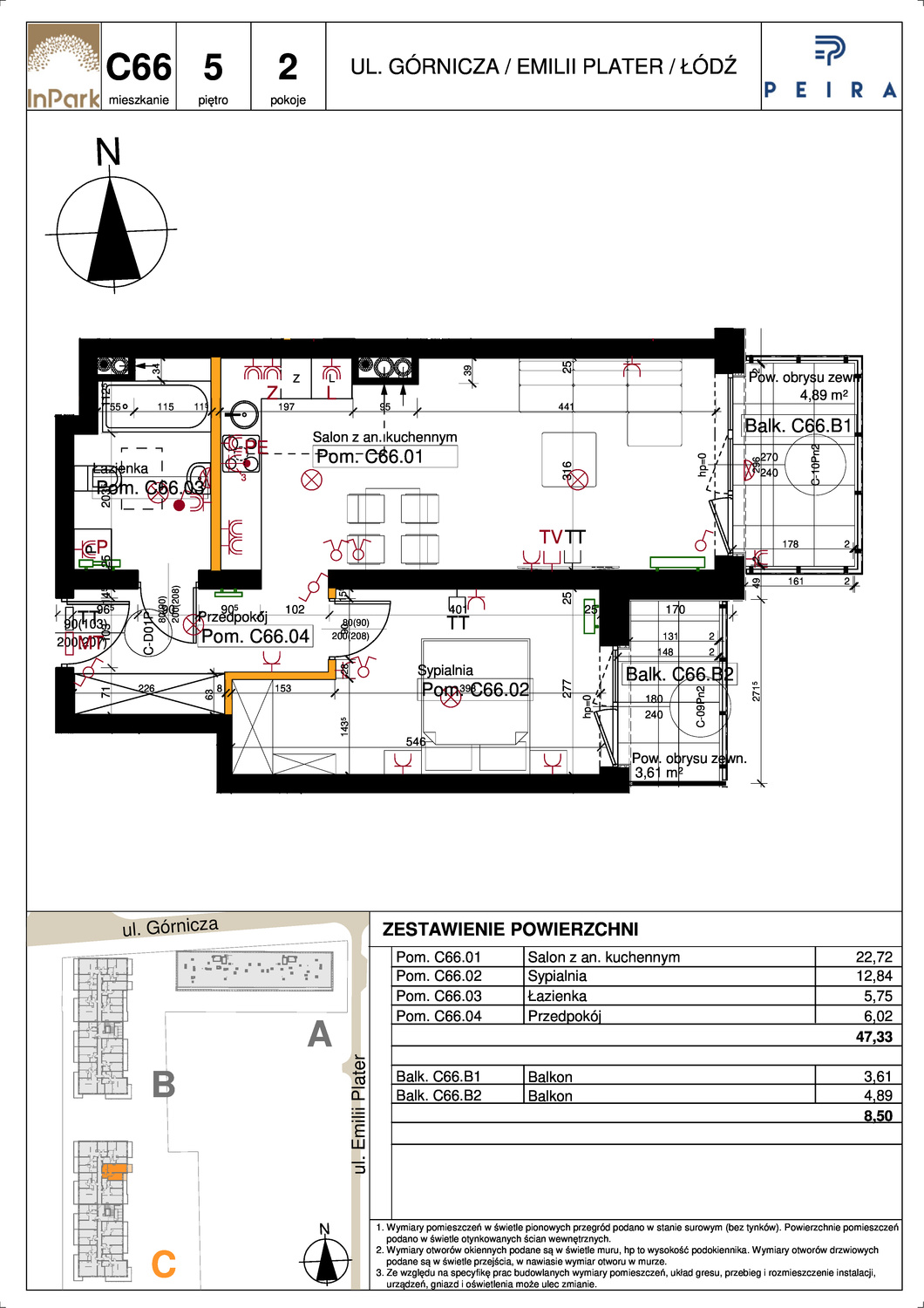 Mieszkanie 47,33 m², piętro 5, oferta nr 176, InPark, Łódź, Bałuty, ul. Emilii Plater / ul. Górnicza-idx