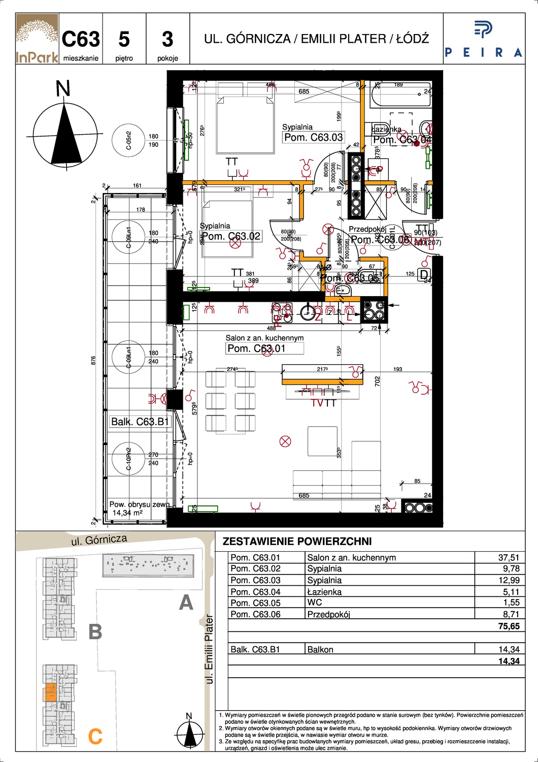 Mieszkanie 75,65 m², piętro 5, oferta nr 173, InPark, Łódź, Bałuty, ul. Emilii Plater / ul. Górnicza-idx