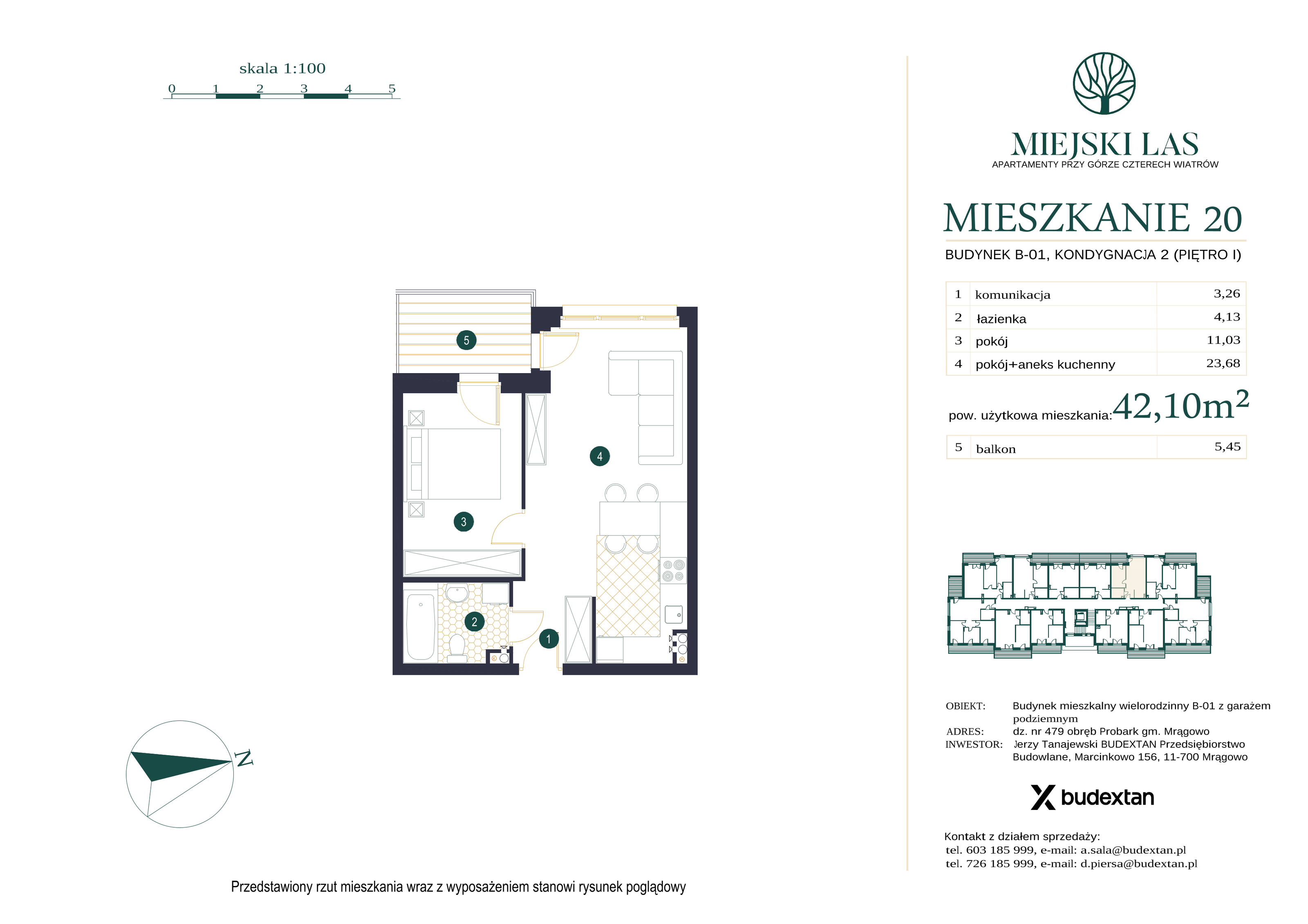 Mieszkanie 42,10 m², piętro 1, oferta nr M20, Miejski Las, Mrągowo, ul. Marcinkowo 156-idx