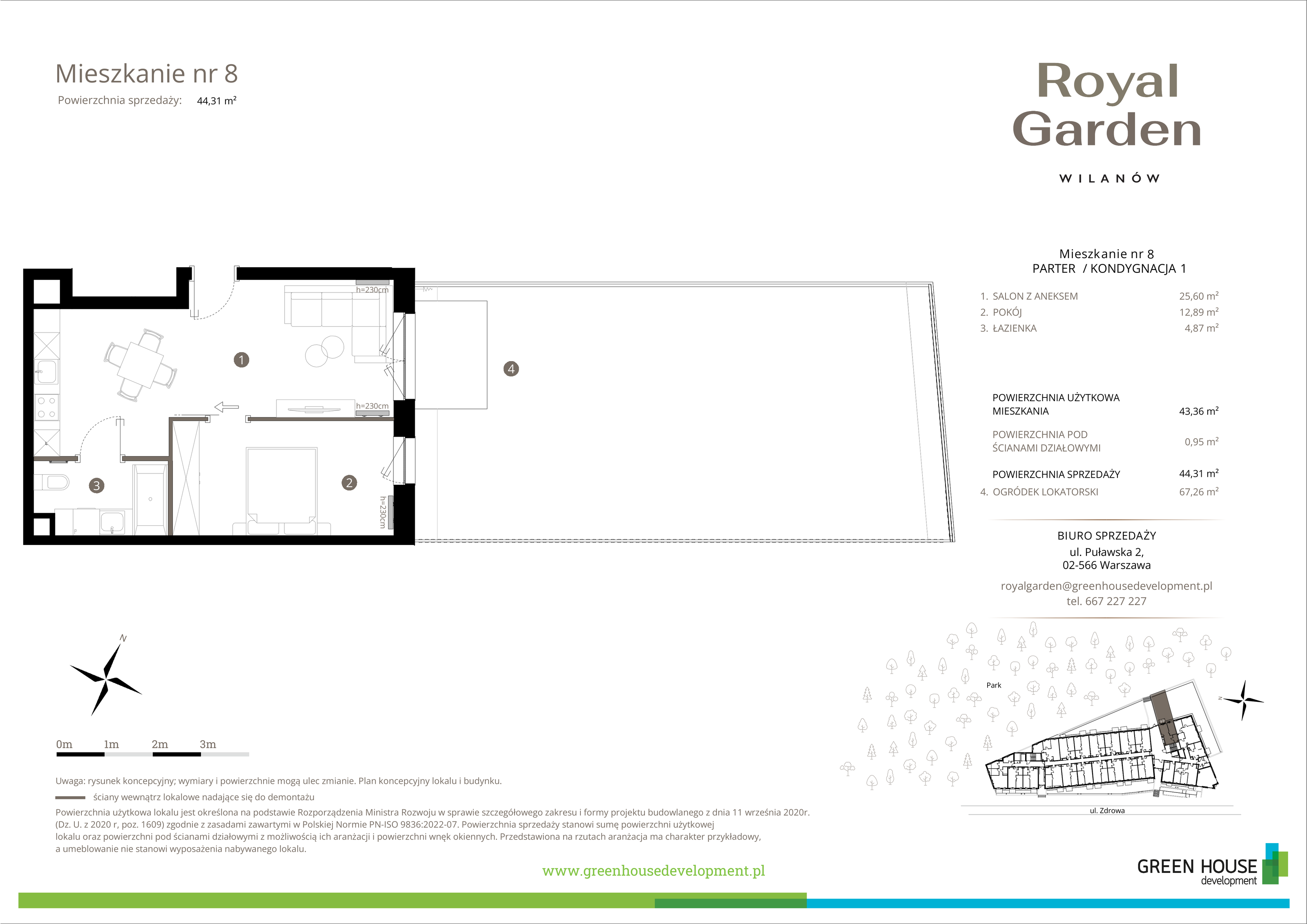 Mieszkanie 43,36 m², parter, oferta nr M.08, Royal Garden Wilanów, Warszawa, Wilanów, Błonia Wilanowskie, ul. Zdrowa / Dyniowa-idx