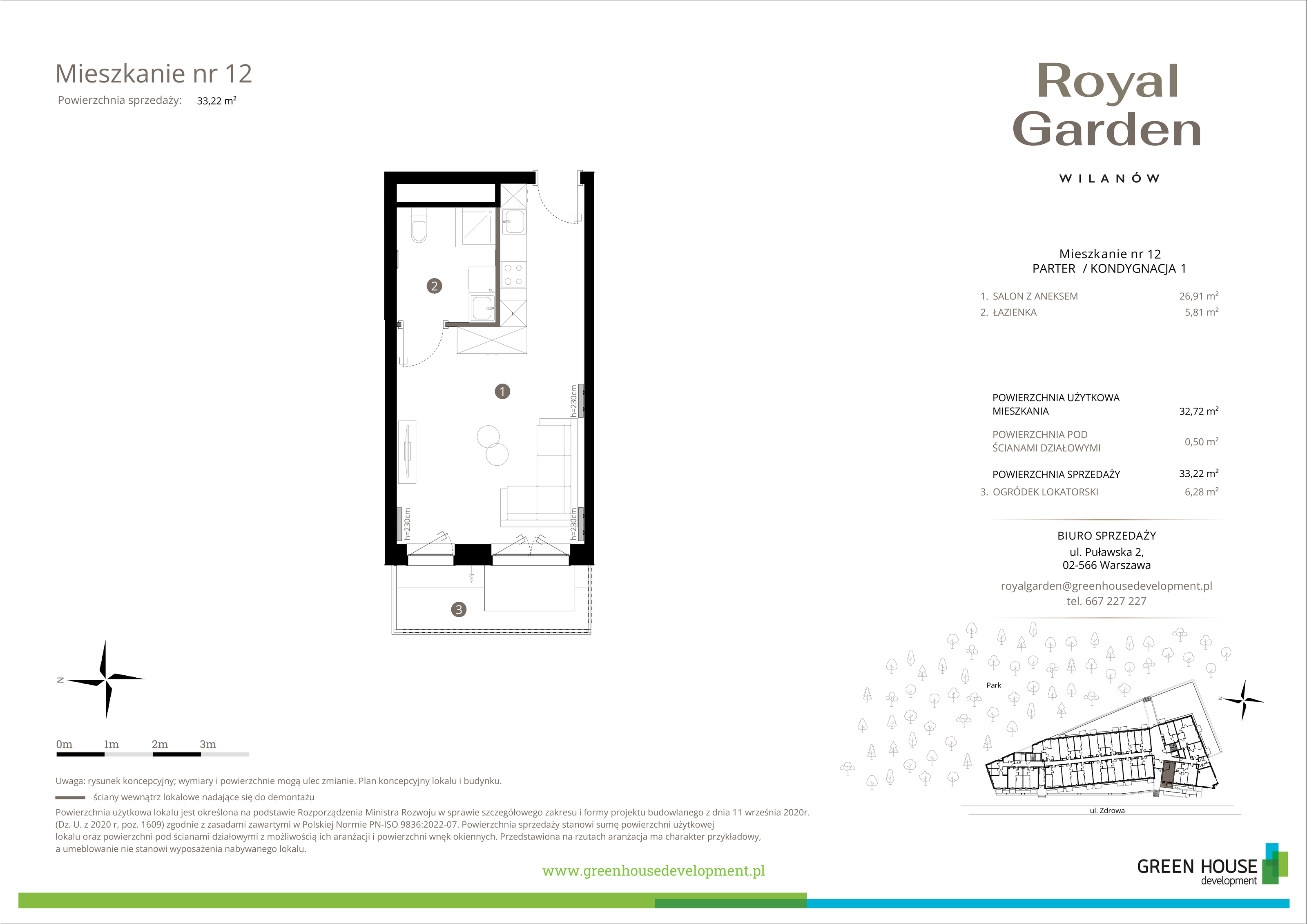 Mieszkanie 32,72 m², parter, oferta nr M.12, Royal Garden Wilanów, Warszawa, Wilanów, Błonia Wilanowskie, ul. Zdrowa / Dyniowa-idx