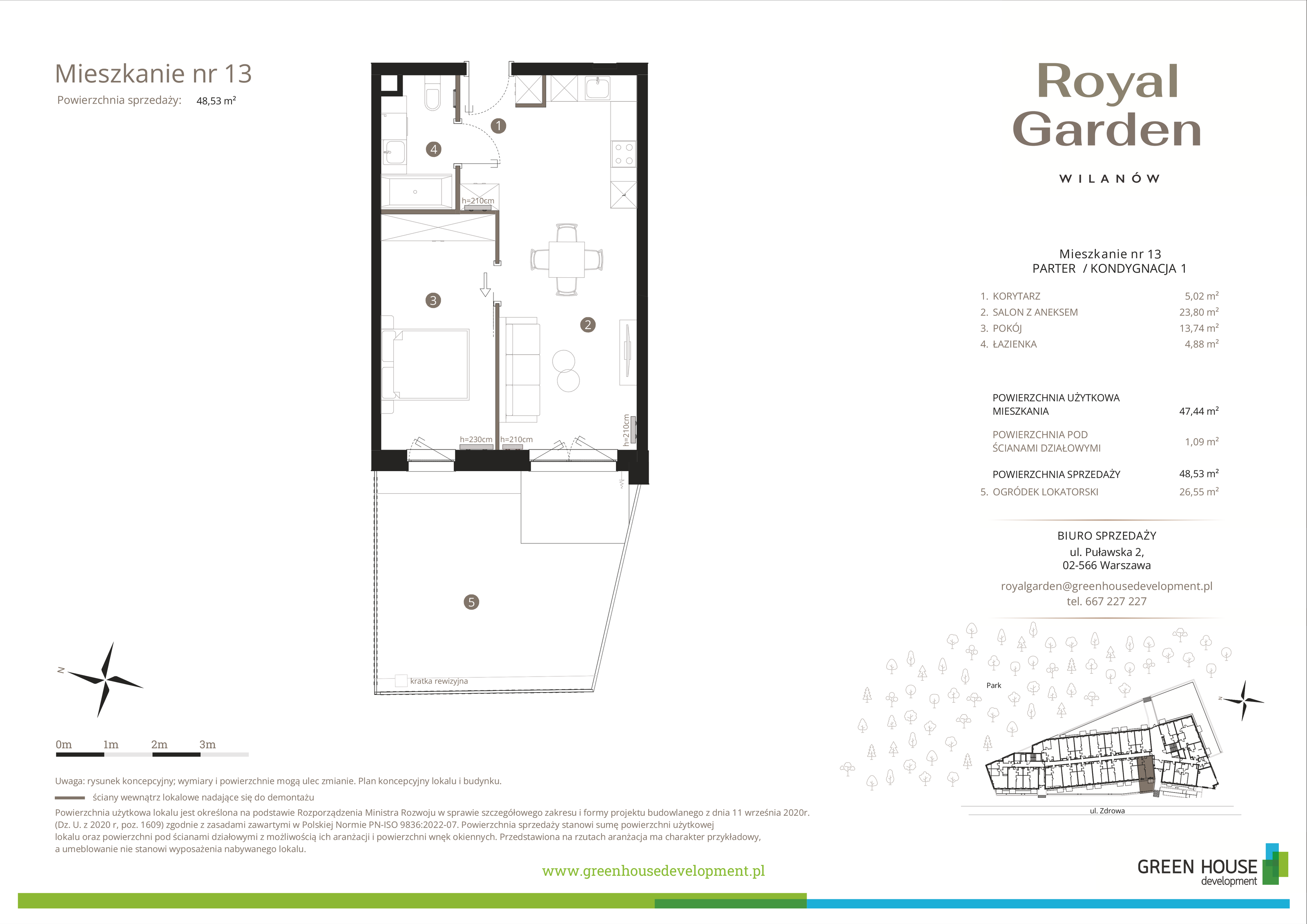 Mieszkanie 47,44 m², parter, oferta nr M.13, Royal Garden Wilanów, Warszawa, Wilanów, Błonia Wilanowskie, ul. Zdrowa / Dyniowa-idx