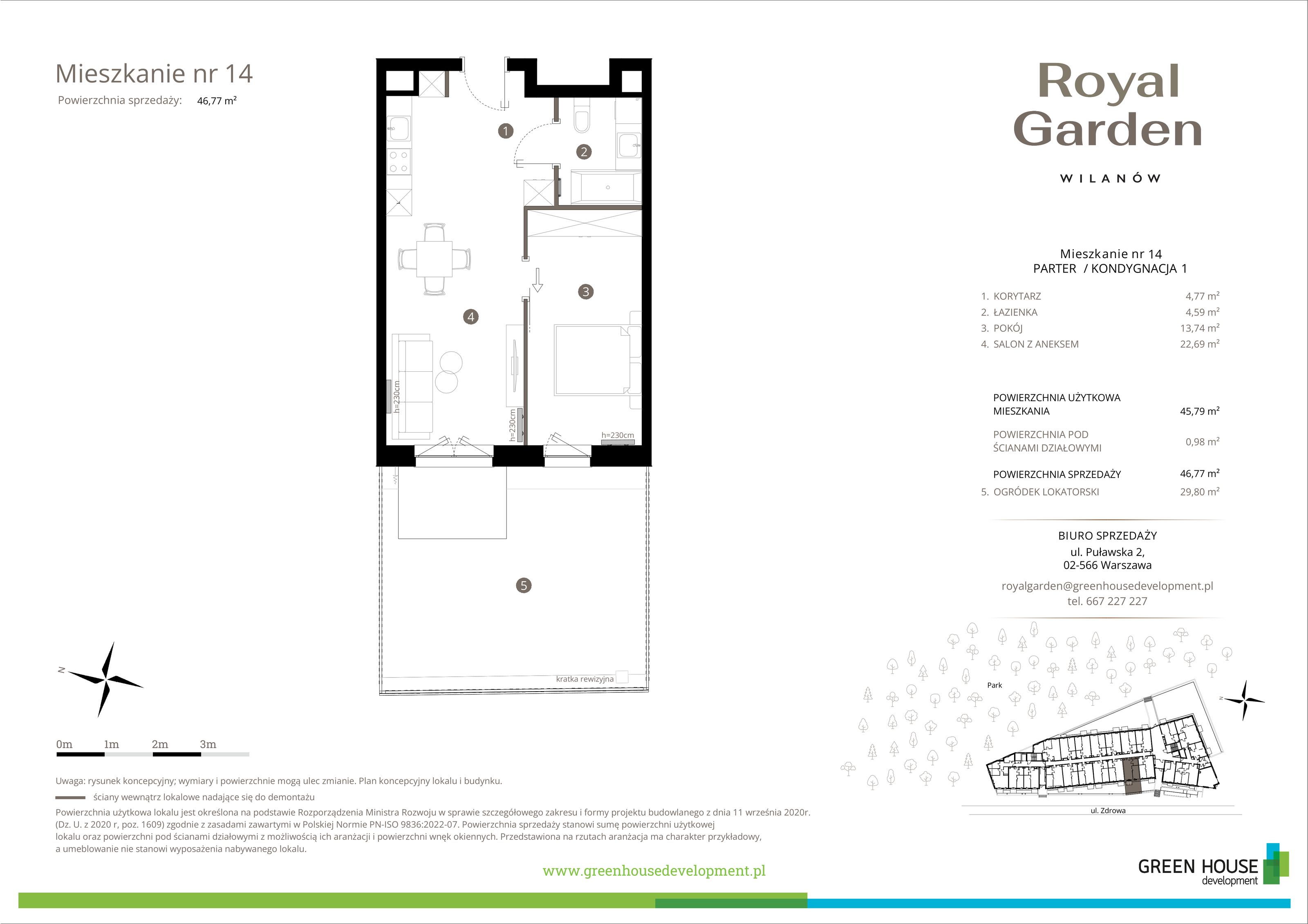 Mieszkanie 45,79 m², parter, oferta nr M.14, Royal Garden Wilanów, Warszawa, Wilanów, Błonia Wilanowskie, ul. Zdrowa / Dyniowa-idx