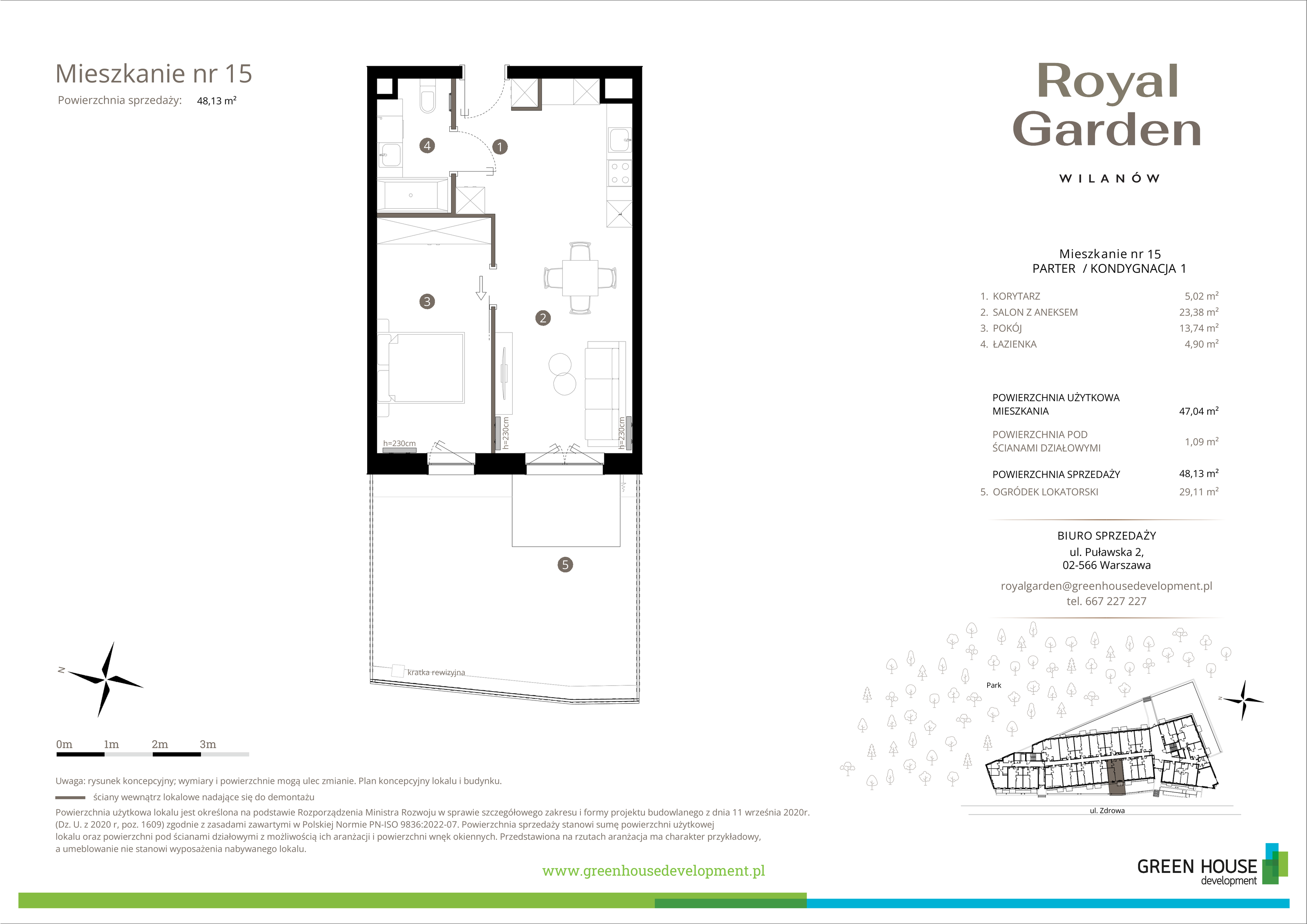 Mieszkanie 47,04 m², parter, oferta nr M.15, Royal Garden Wilanów, Warszawa, Wilanów, Błonia Wilanowskie, ul. Zdrowa / Dyniowa-idx