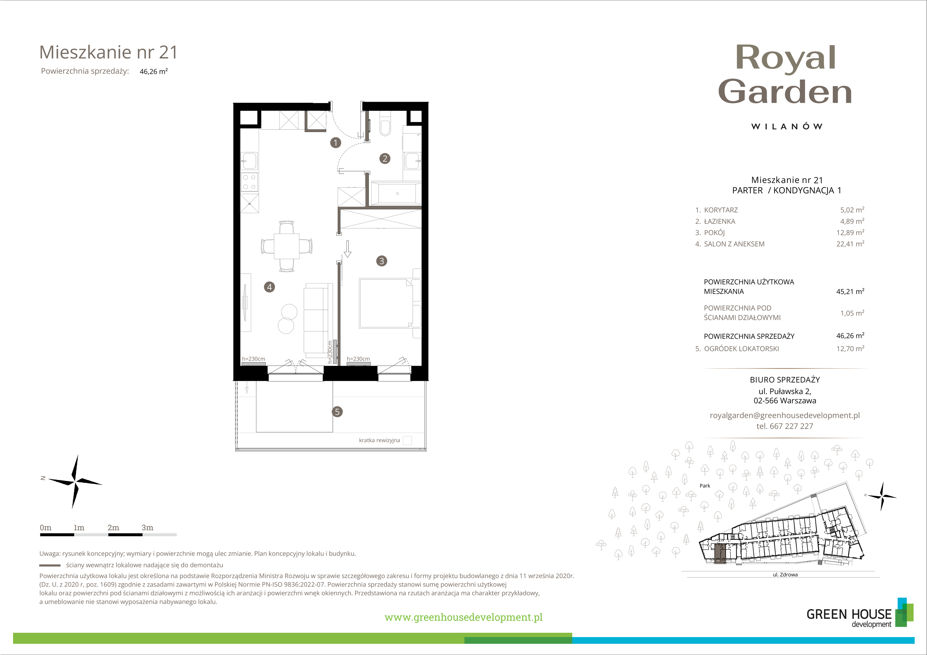 Mieszkanie 45,21 m², parter, oferta nr M.21, Royal Garden Wilanów, Warszawa, Wilanów, Błonia Wilanowskie, ul. Zdrowa / Dyniowa-idx