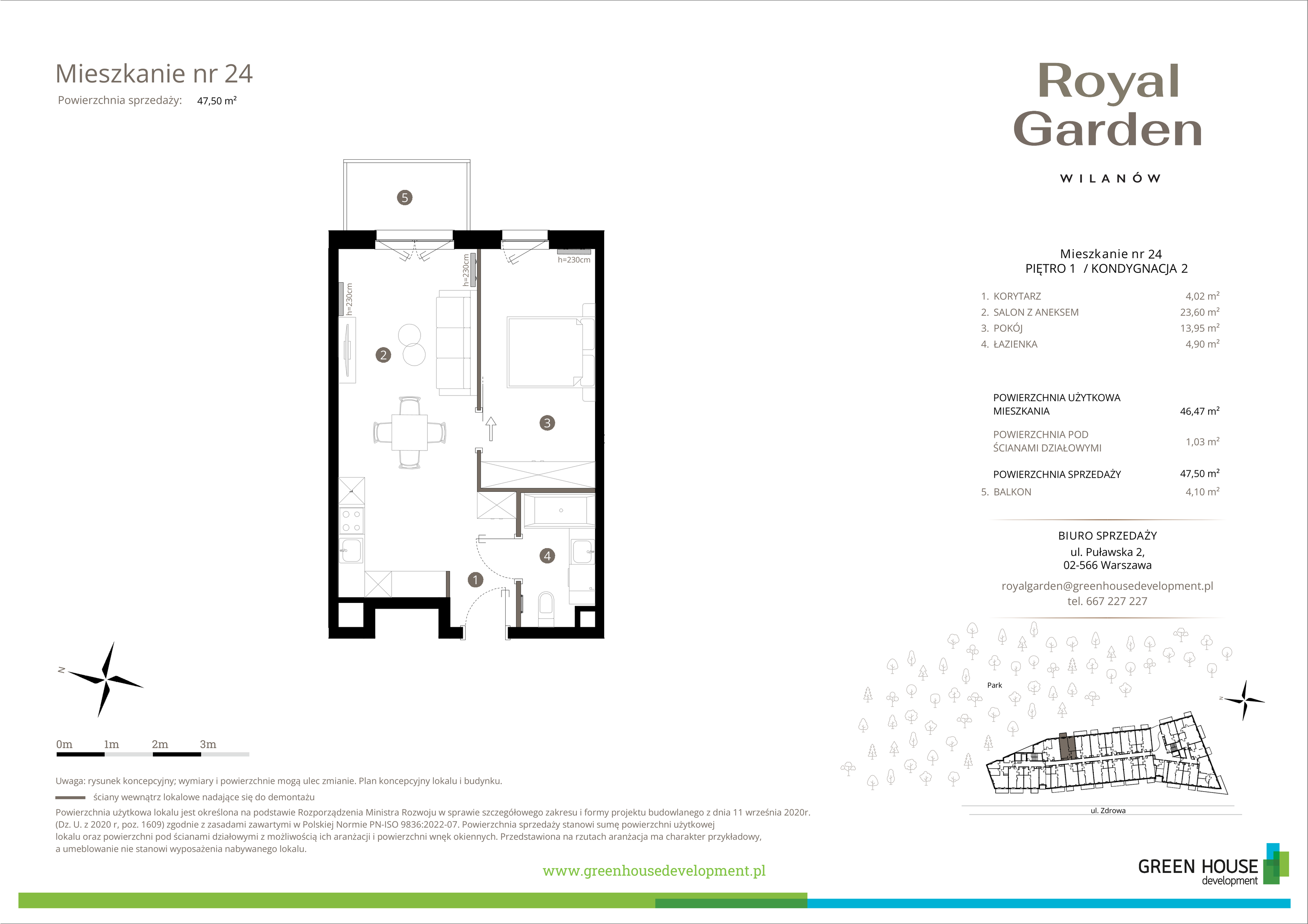 Mieszkanie 46,47 m², piętro 1, oferta nr M.24, Royal Garden Wilanów, Warszawa, Wilanów, Błonia Wilanowskie, ul. Zdrowa / Dyniowa-idx