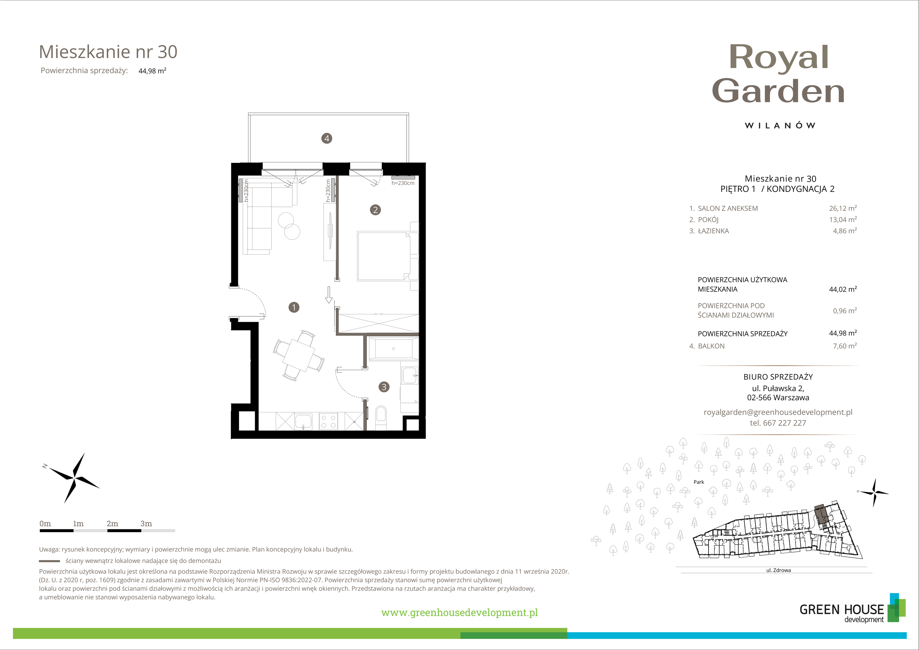 Mieszkanie 44,74 m², piętro 1, oferta nr M.30, Royal Garden Wilanów, Warszawa, Wilanów, Błonia Wilanowskie, ul. Zdrowa / Dyniowa-idx