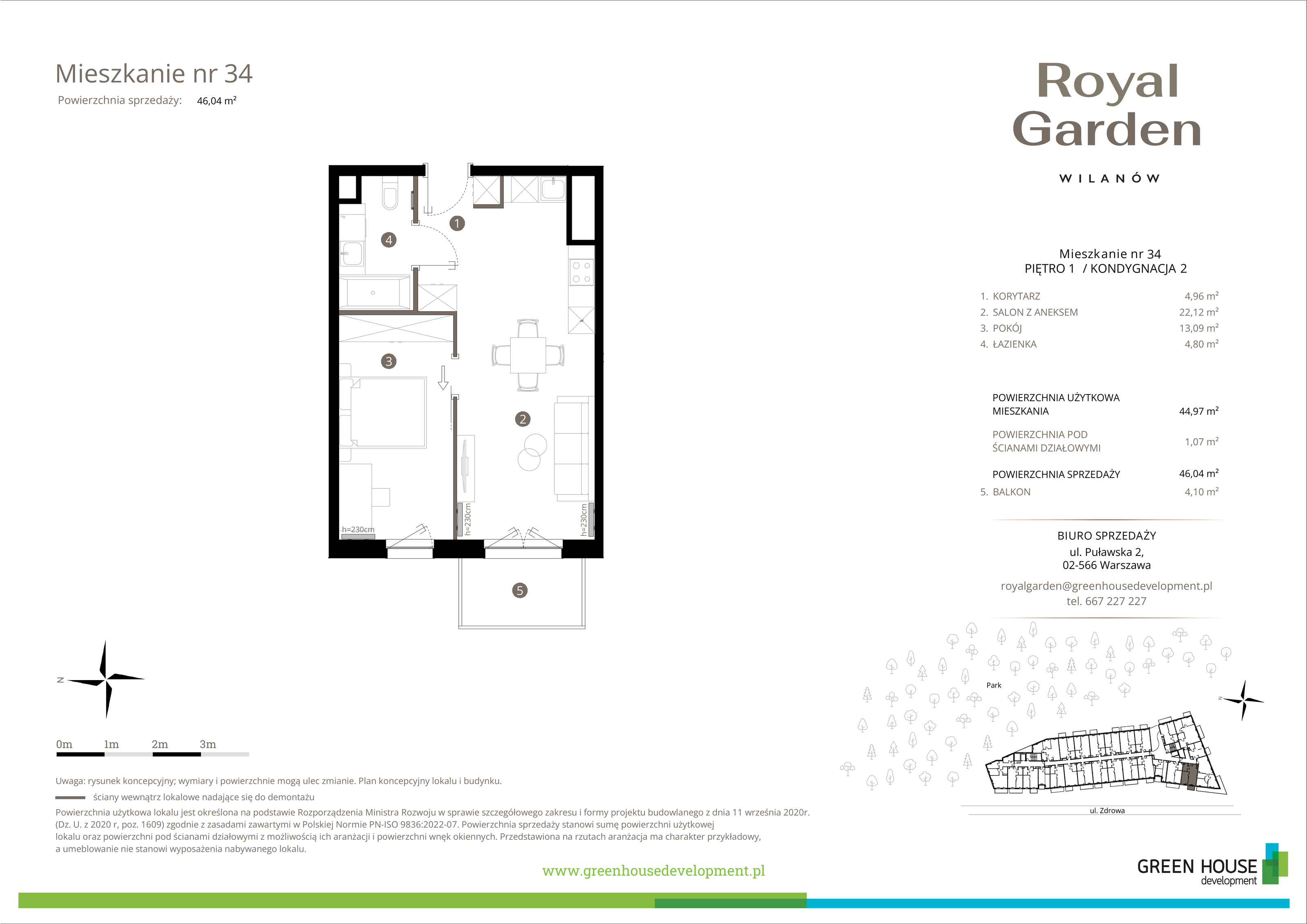 Mieszkanie 44,97 m², piętro 1, oferta nr M.34, Royal Garden Wilanów, Warszawa, Wilanów, Błonia Wilanowskie, ul. Zdrowa / Dyniowa-idx