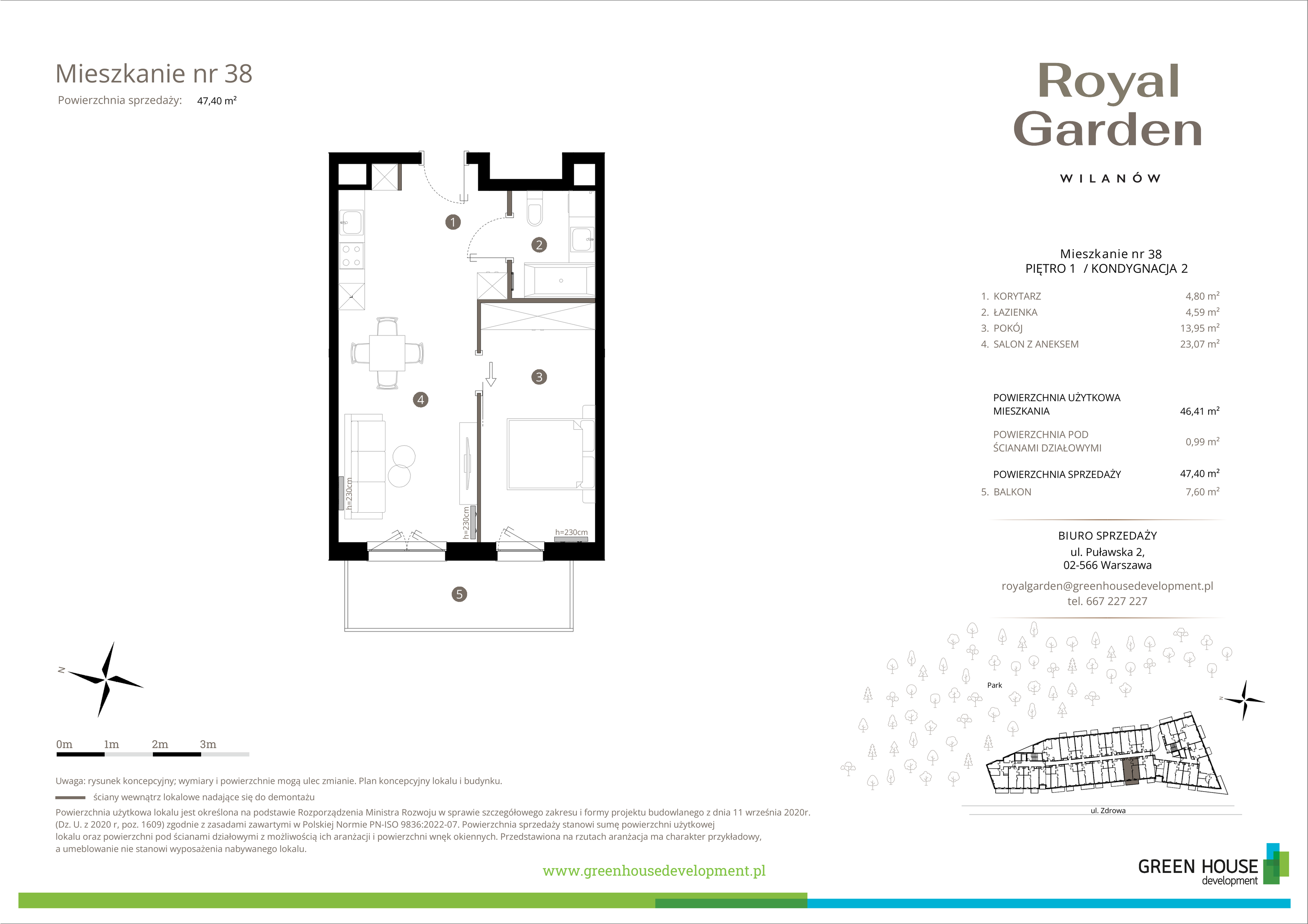 Mieszkanie 46,41 m², piętro 1, oferta nr M.38, Royal Garden Wilanów, Warszawa, Wilanów, Błonia Wilanowskie, ul. Zdrowa / Dyniowa-idx