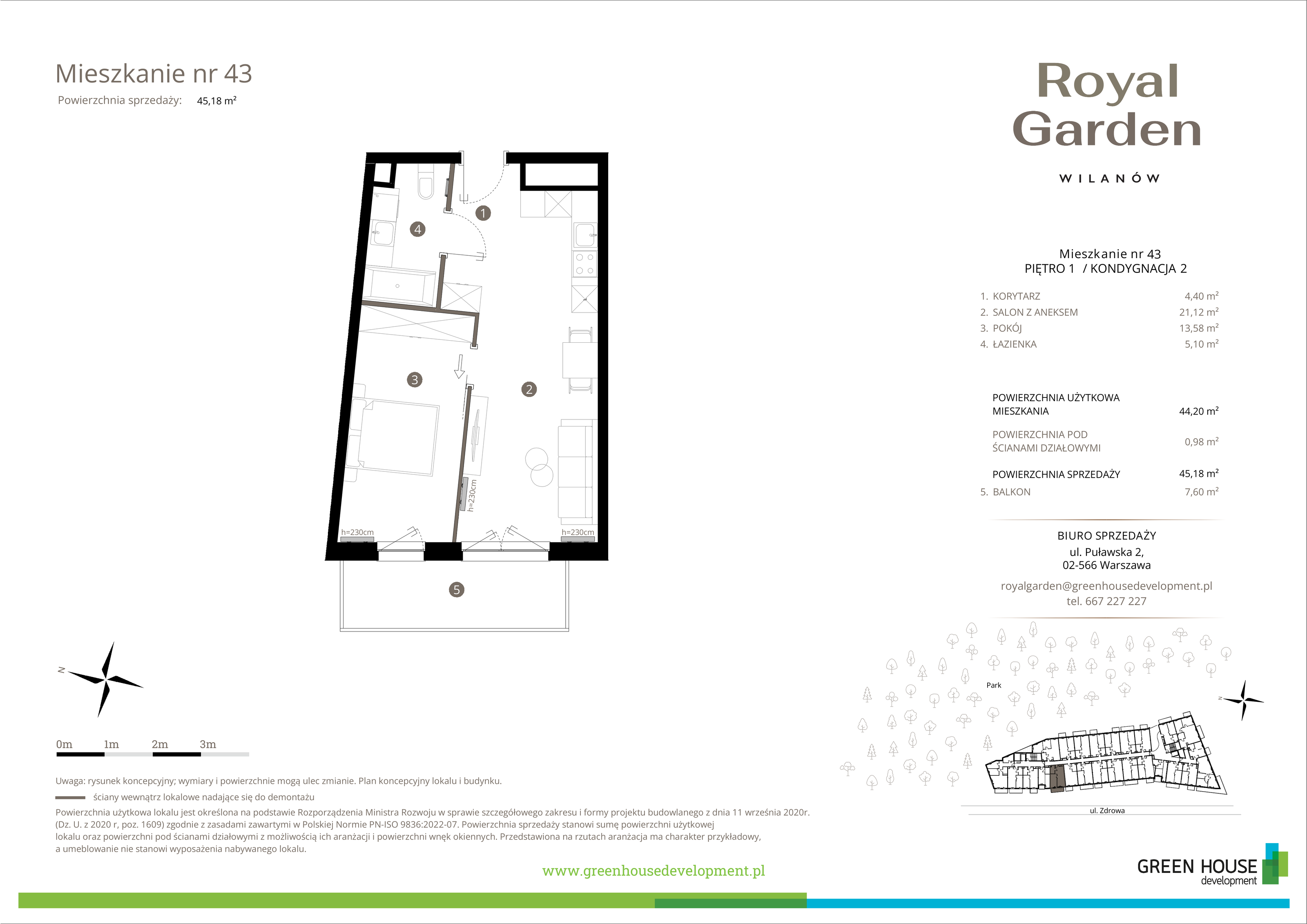 Mieszkanie 44,20 m², piętro 1, oferta nr M.43, Royal Garden Wilanów, Warszawa, Wilanów, Błonia Wilanowskie, ul. Zdrowa / Dyniowa-idx