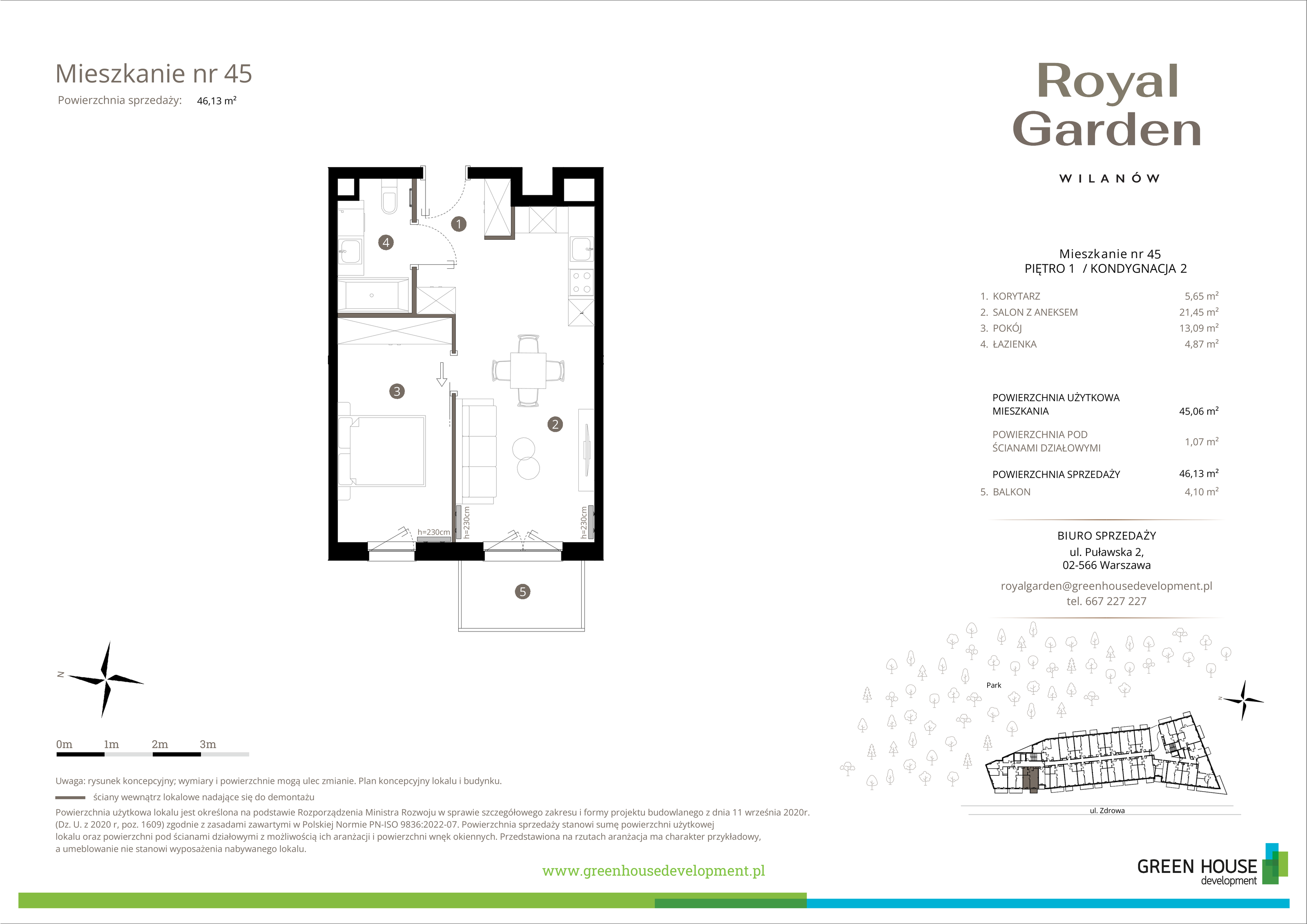 Mieszkanie 45,06 m², piętro 1, oferta nr M.45, Royal Garden Wilanów, Warszawa, Wilanów, Błonia Wilanowskie, ul. Zdrowa / Dyniowa-idx