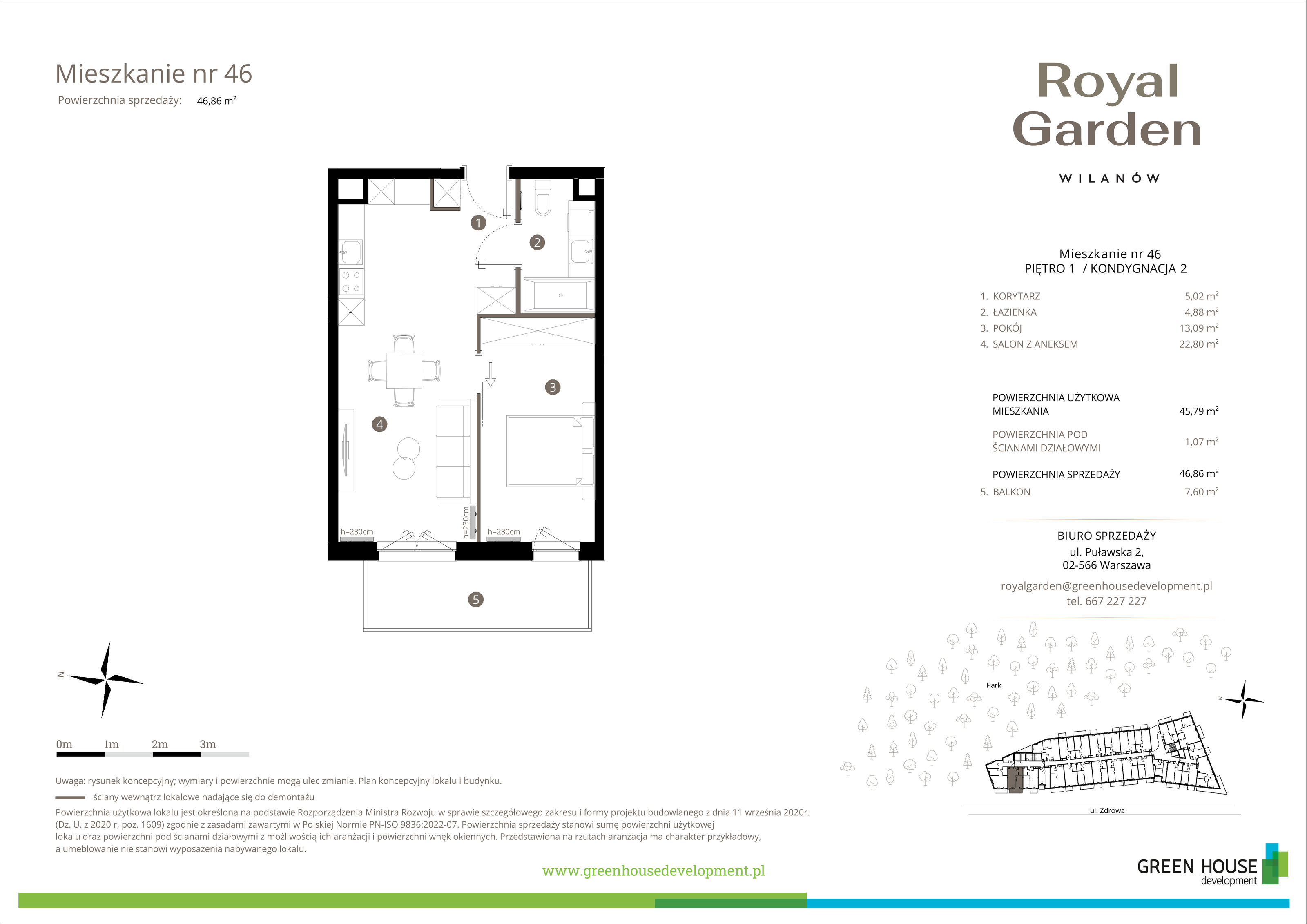 Mieszkanie 45,79 m², piętro 1, oferta nr M.46, Royal Garden Wilanów, Warszawa, Wilanów, Błonia Wilanowskie, ul. Zdrowa / Dyniowa-idx