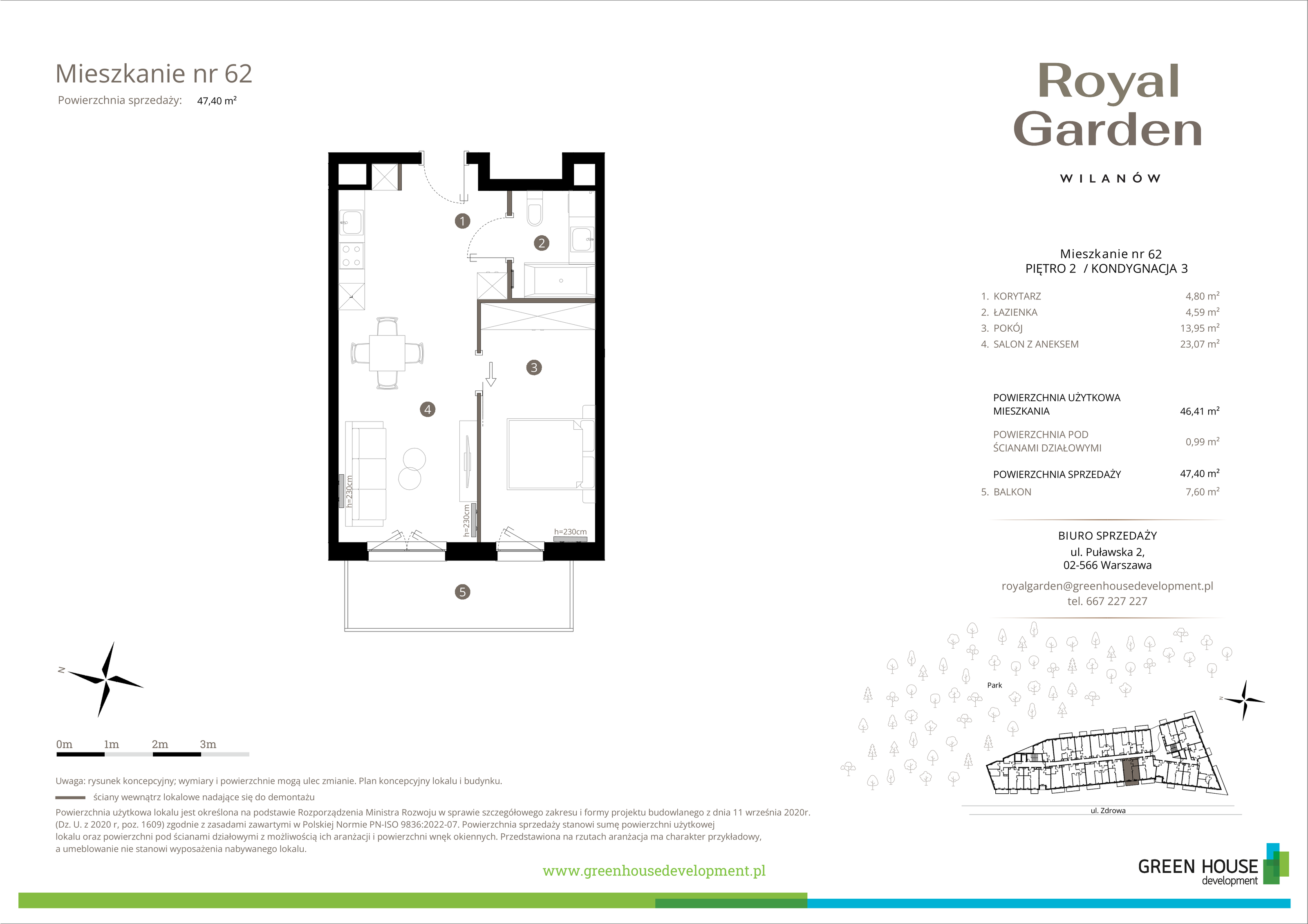 Mieszkanie 46,41 m², piętro 2, oferta nr M.62, Royal Garden Wilanów, Warszawa, Wilanów, Błonia Wilanowskie, ul. Zdrowa / Dyniowa-idx