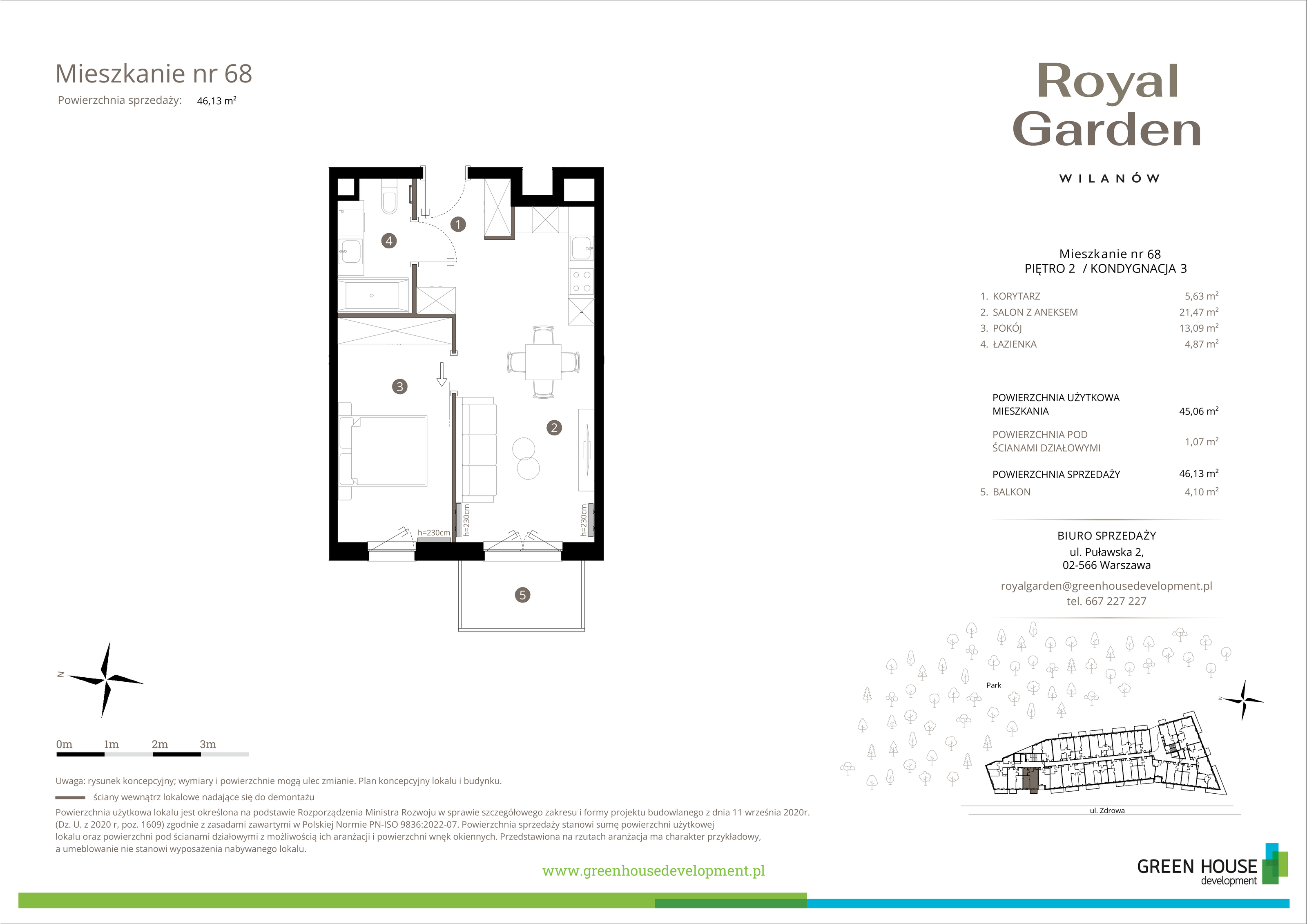 Mieszkanie 45,06 m², piętro 2, oferta nr M.68, Royal Garden Wilanów, Warszawa, Wilanów, Błonia Wilanowskie, ul. Zdrowa / Dyniowa-idx