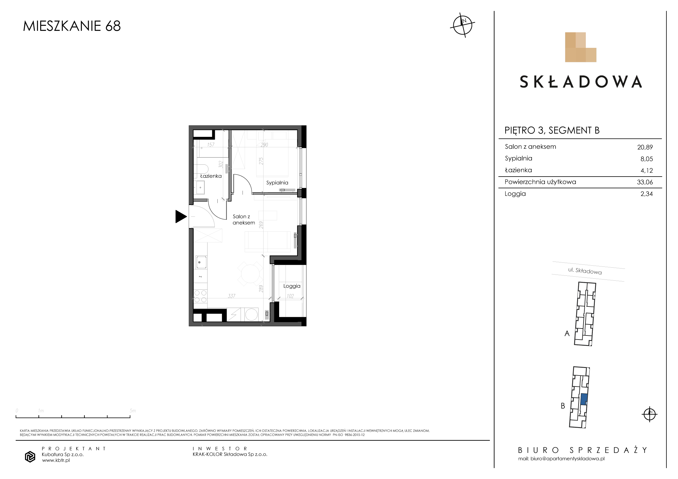 Mieszkanie 33,06 m², piętro 3, oferta nr B68, Apartamenty Składowa, Kraków, Krowodrza, ul. Składowa 22-idx